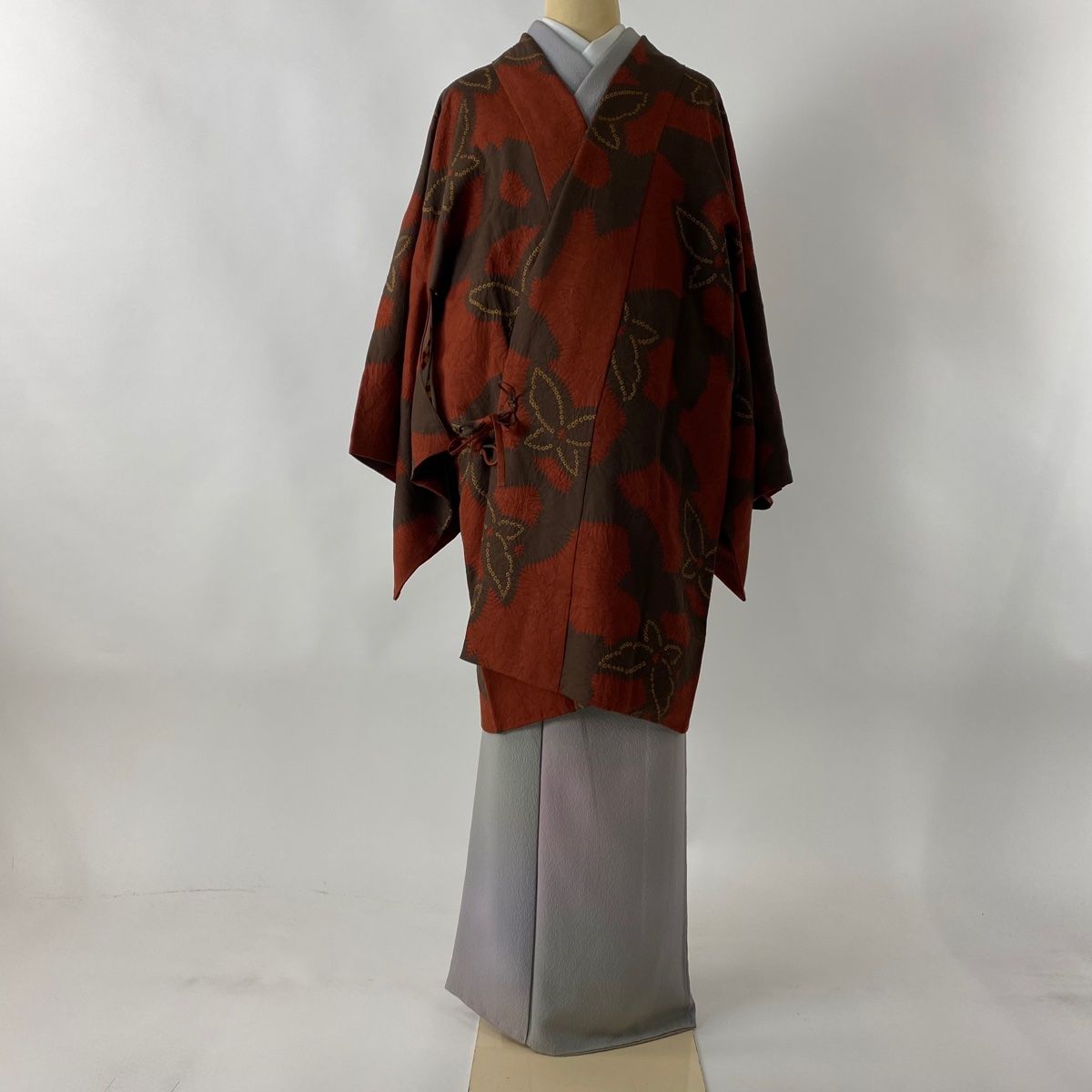 道中着 身丈92.5cm 裄丈68.5cm L 和装コート 蝶 絞り 赤茶 正絹 秀品