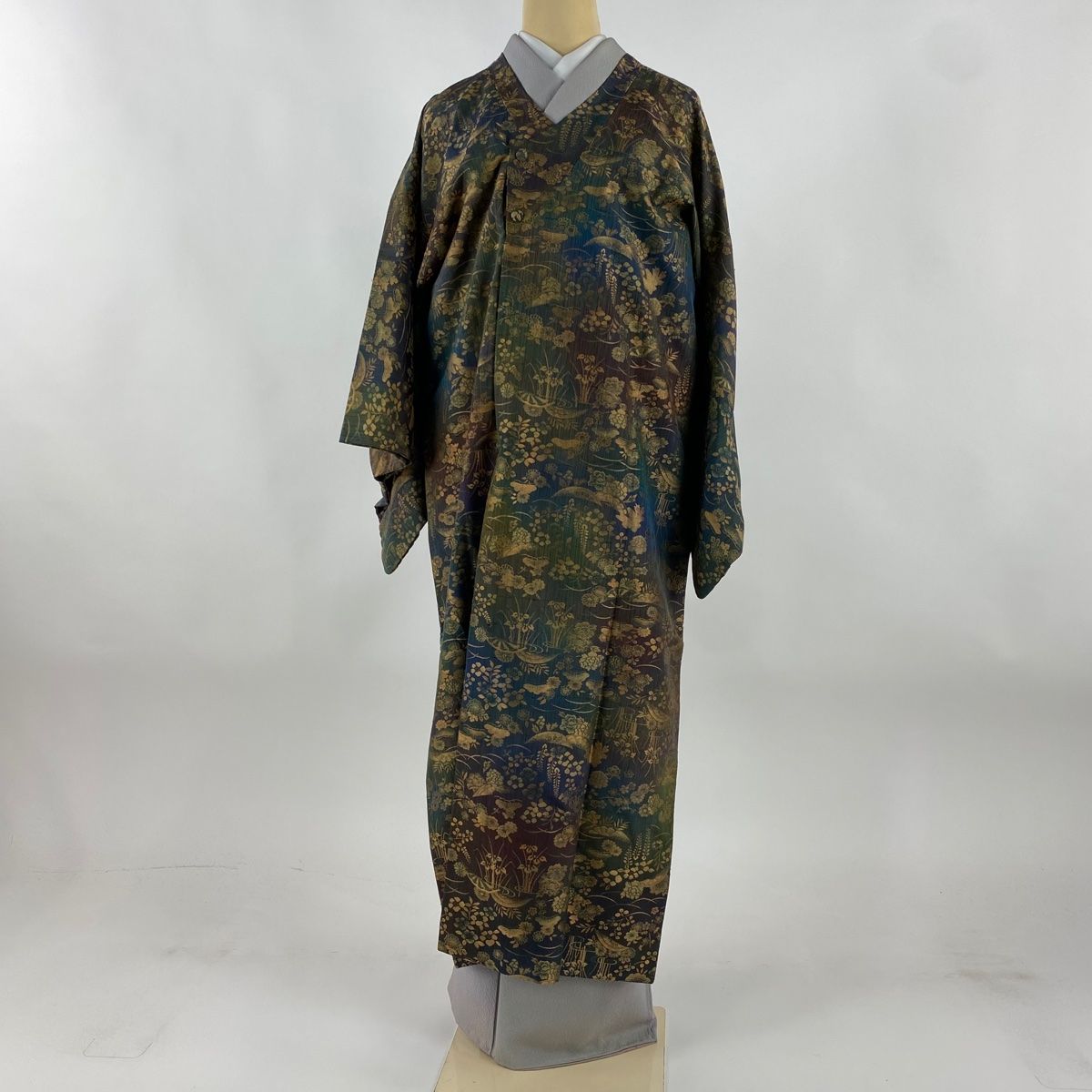 道行 身丈126.5cm 裄丈67.5cm L 和装コート 千代田衿 草花 片輪車 茶緑色 正絹 秀品
