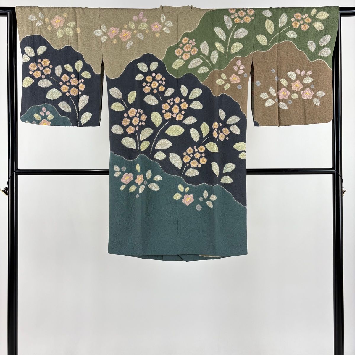 道行 身丈100cm 裄丈65cm M 松井青々 和装コート 角衿 落款 草花 金彩 絞り 青灰色 正絹 名品