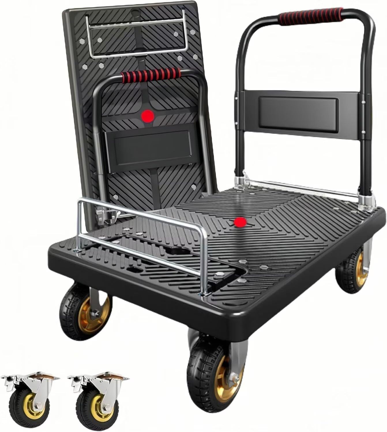 TUIYIDUO 台車 折りたたみ 手押し平台車 ストッパー付き 73×48CM 耐荷重200KG 平台車 スチール製 多用途手押し台車 キャスター 4インチ 静音 防滑 持ち運び便利 家庭用 業務用 農業 建設 防災 ショッピング 倉庫 工場 店舗 日