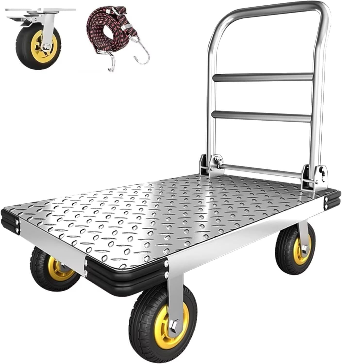 TUIYIDUO 台車 大型 スチール 90x60.3CM 耐荷重1000KG 平台台車 静音 5インチ 360度回転 なキャスター付き ブレーキ付き 折りたたみ式 防滑機能付き運搬車 農業 建設 防災 旅行 ショッピング 自動車店 レストラン 業務用