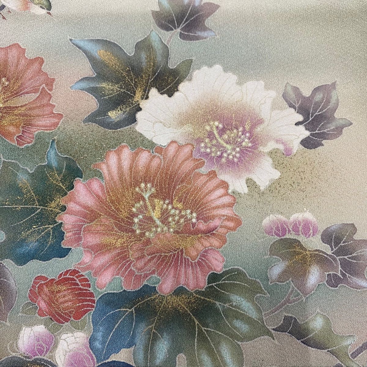 訪問着 名品 落款 草花 ぼかし 薄緑 袷 155cm 64cm M 正絹