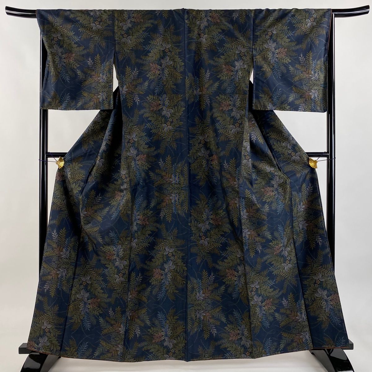 大島紬 身丈163cm 裄丈67.5cm L 袷 都喜ヱ門 証紙 草花 紺色 正絹 名品 【】