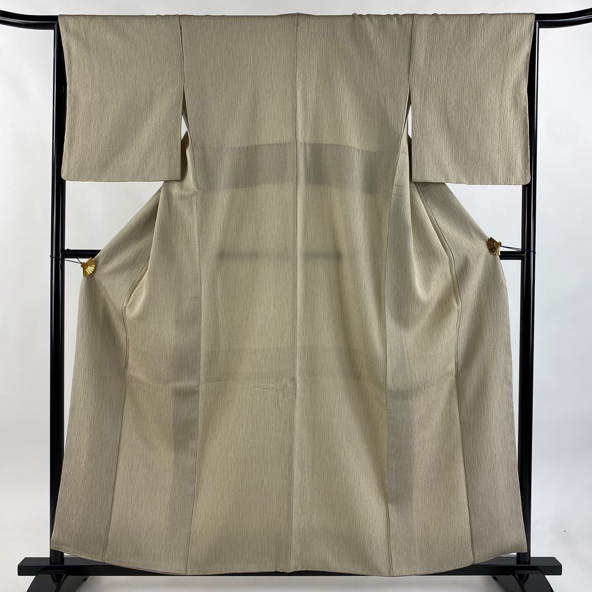 お召 身丈157cm 裄丈65cm M 袷 落款 縦縞 ベージュ 正絹