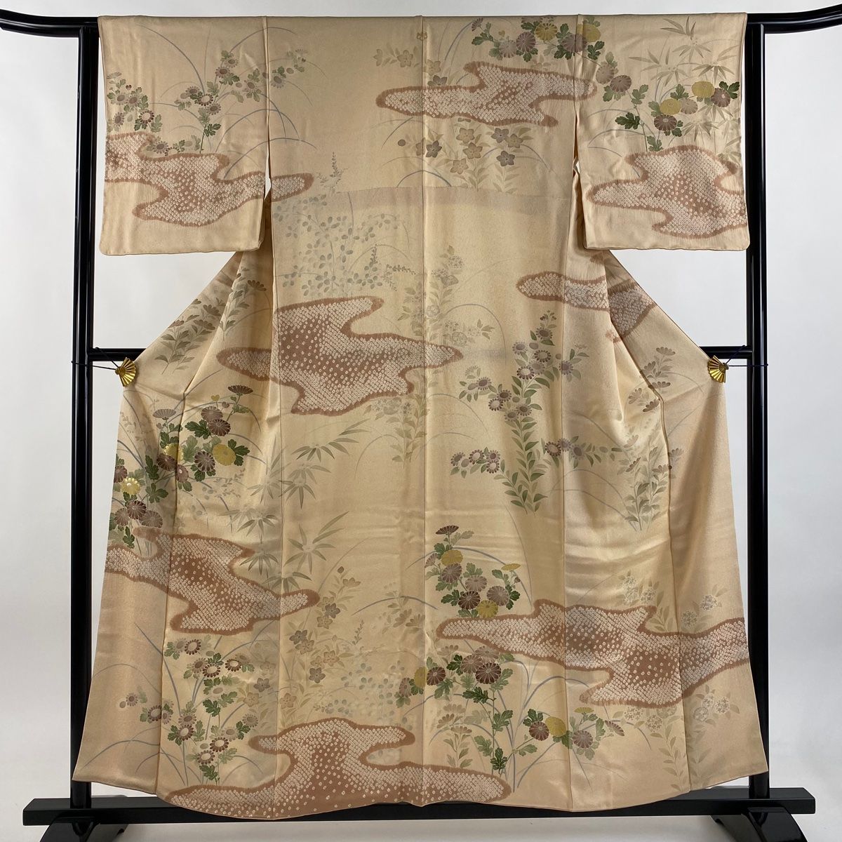 訪問着 身丈156.5cm 裄丈62cm S 袷 菊 霞 刺繍 絞り ベージュ 正絹 秀品