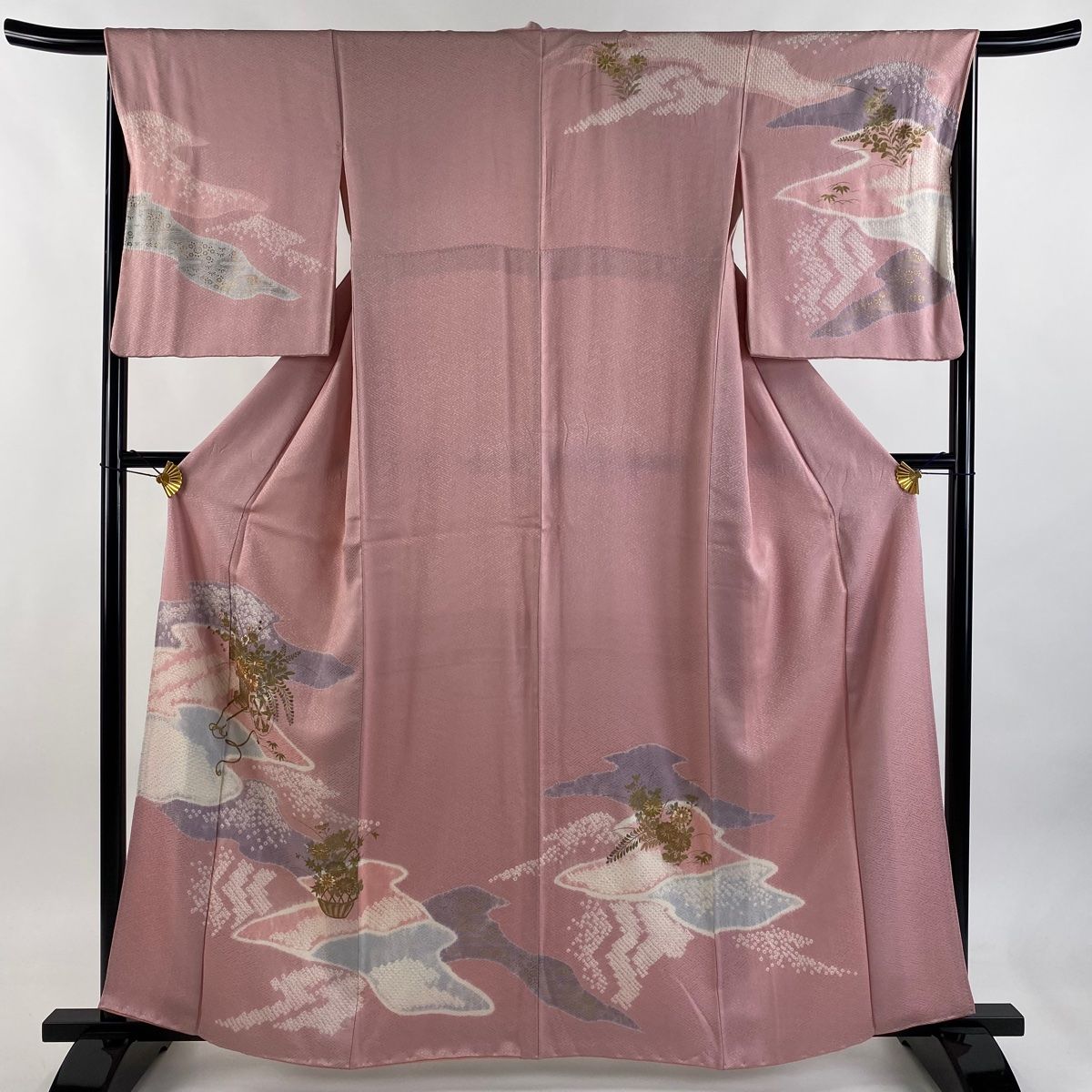 訪問着 身丈161.5cm 裄丈66.5cm M 袷 花車 霞 金糸 金彩 ピンク 正絹 秀品