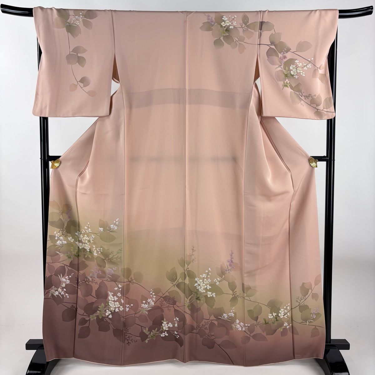 訪問着 身丈164cm 裄丈66cm M 袷 枝花 シルエット 金糸 金彩 ピンク 正絹 秀品 一つ紋