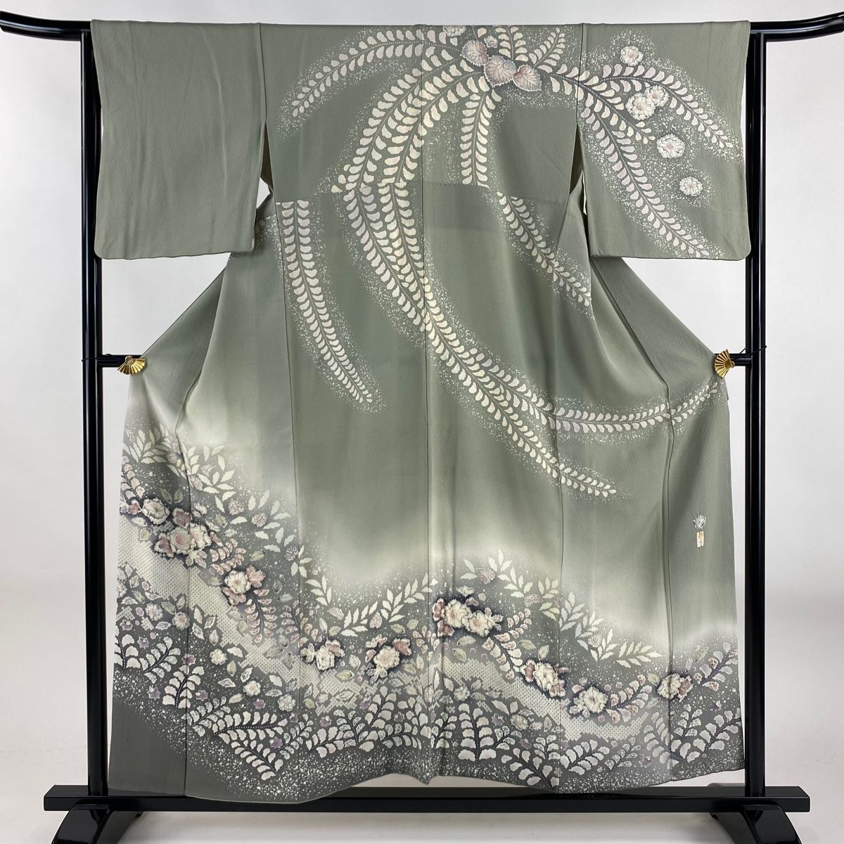 訪問着 身丈154cm 裄丈63cm S 袷 落款 辻が花 ぼかし 灰緑 正絹 秀品