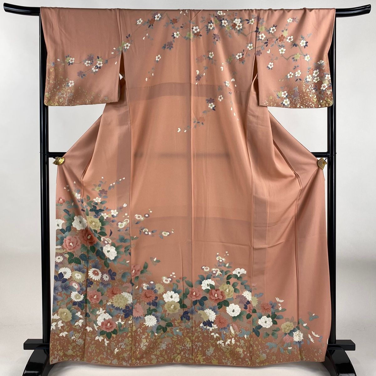 訪問着 身丈167cm 裄丈66cm M 袷 椿 枝花 金銀彩 サーモンピンク 正絹 秀品