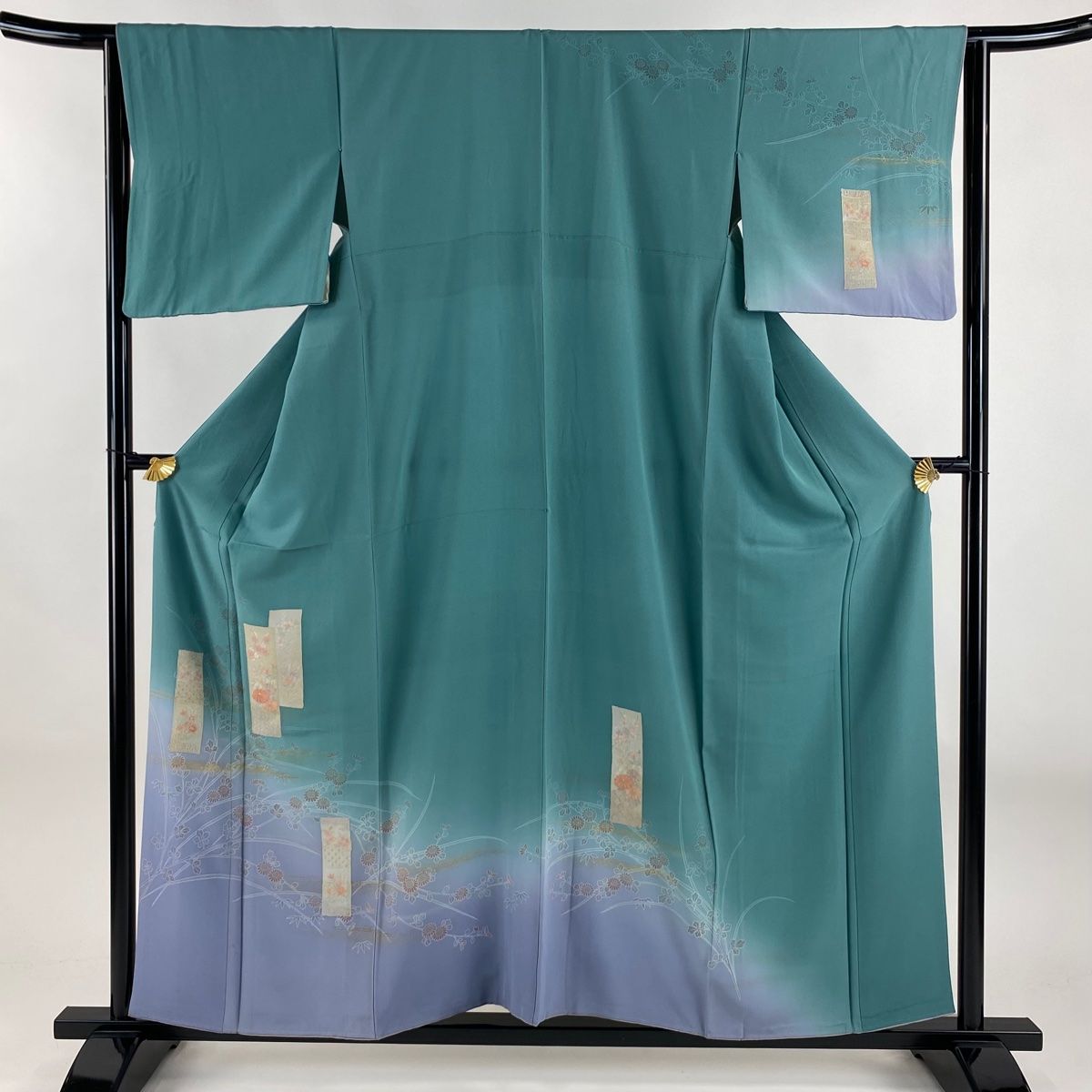 訪問着 身丈157cm 裄丈64cm M 袷 短冊 菊 金彩 刺繍 灰緑 正絹 秀品