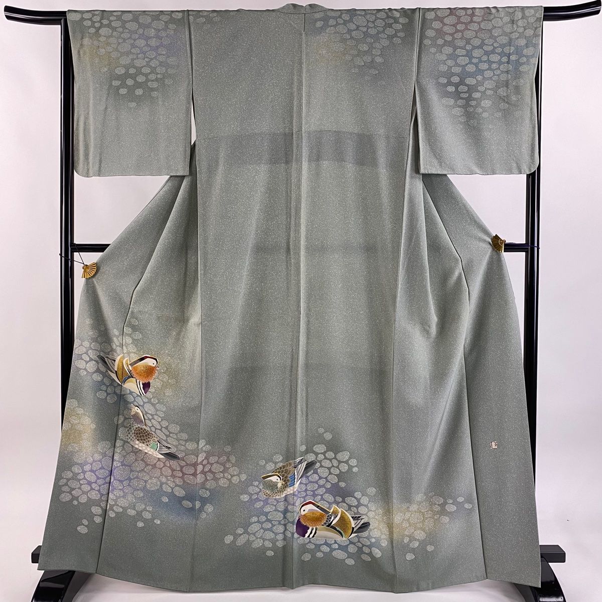 訪問着 身丈165cm 裄丈66cm M 袷 人間国宝 羽田登喜男 落款 鴛鴦 水面 金銀彩 ぼかし 灰緑 正絹