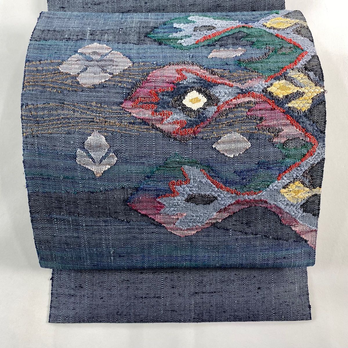 名古屋帯 秀品 松葉仕立て 八寸名古屋帯 草花 幾何学模様 金糸 青灰色 正絹