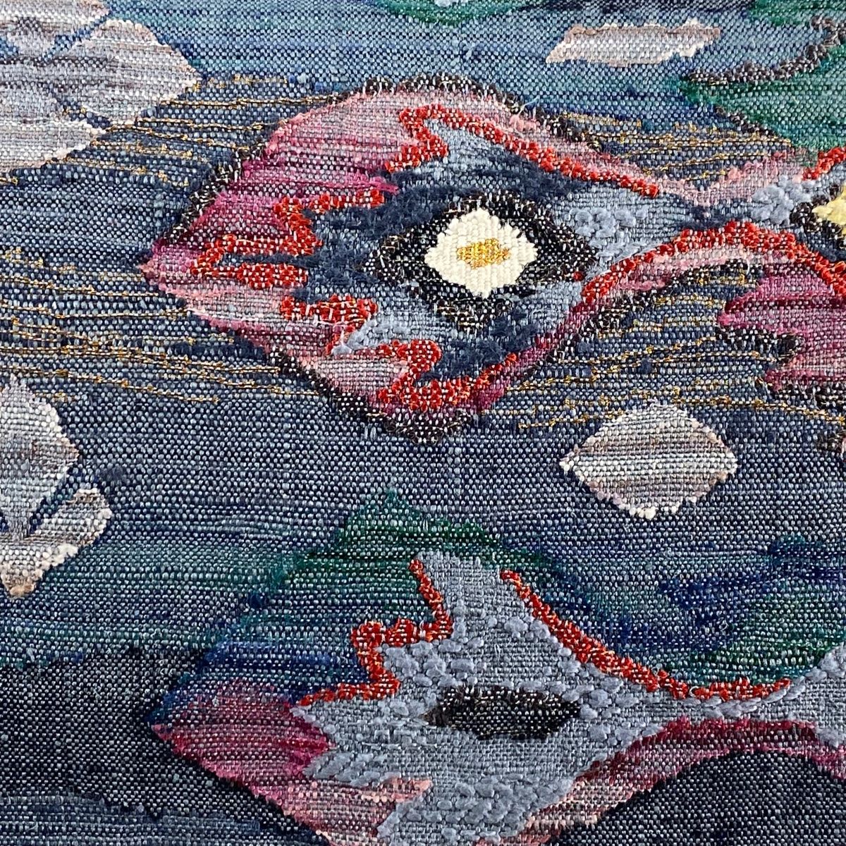 名古屋帯 秀品 松葉仕立て 八寸名古屋帯 草花 幾何学模様 金糸 青灰色 正絹