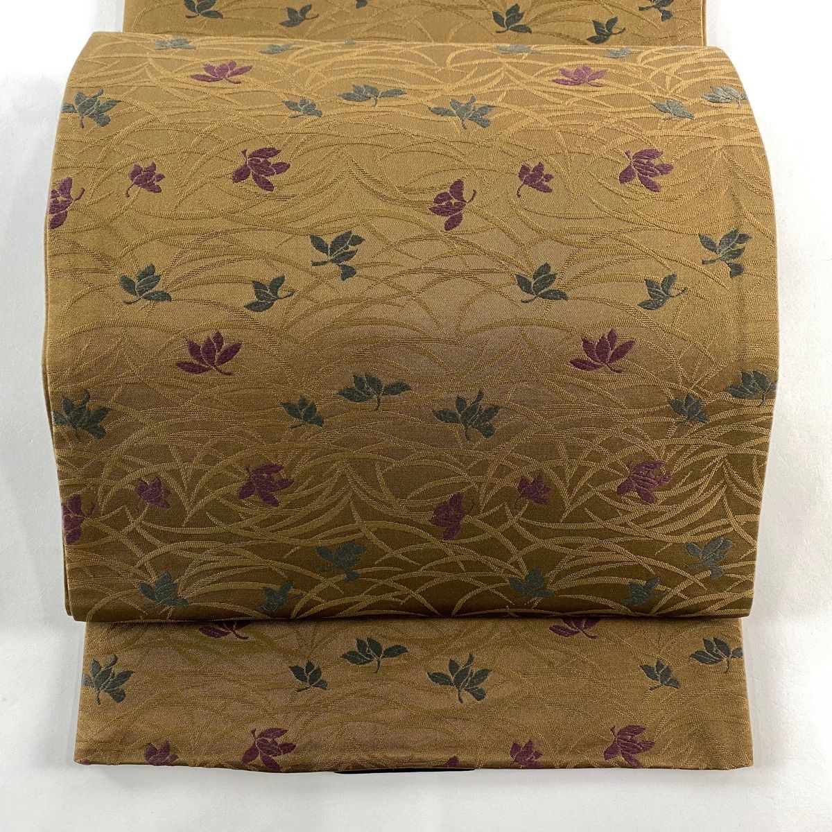 袋名古屋帯 秀品 こむさでもーど 草花 地紋 茶色 正絹