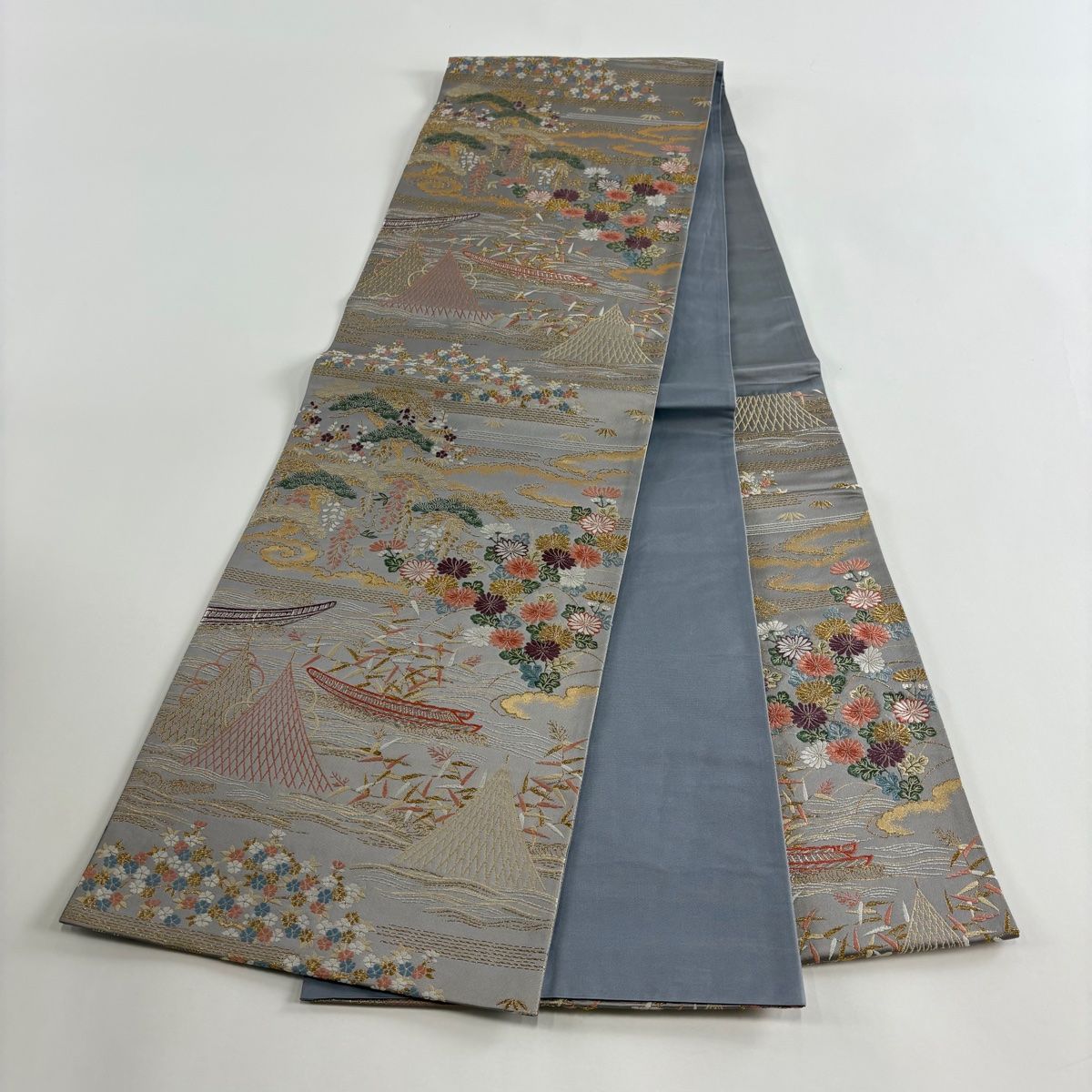 袋帯 秀品 草花 舟 刺繍 金糸 灰色 六通 正絹 【中古】 - メルカリ