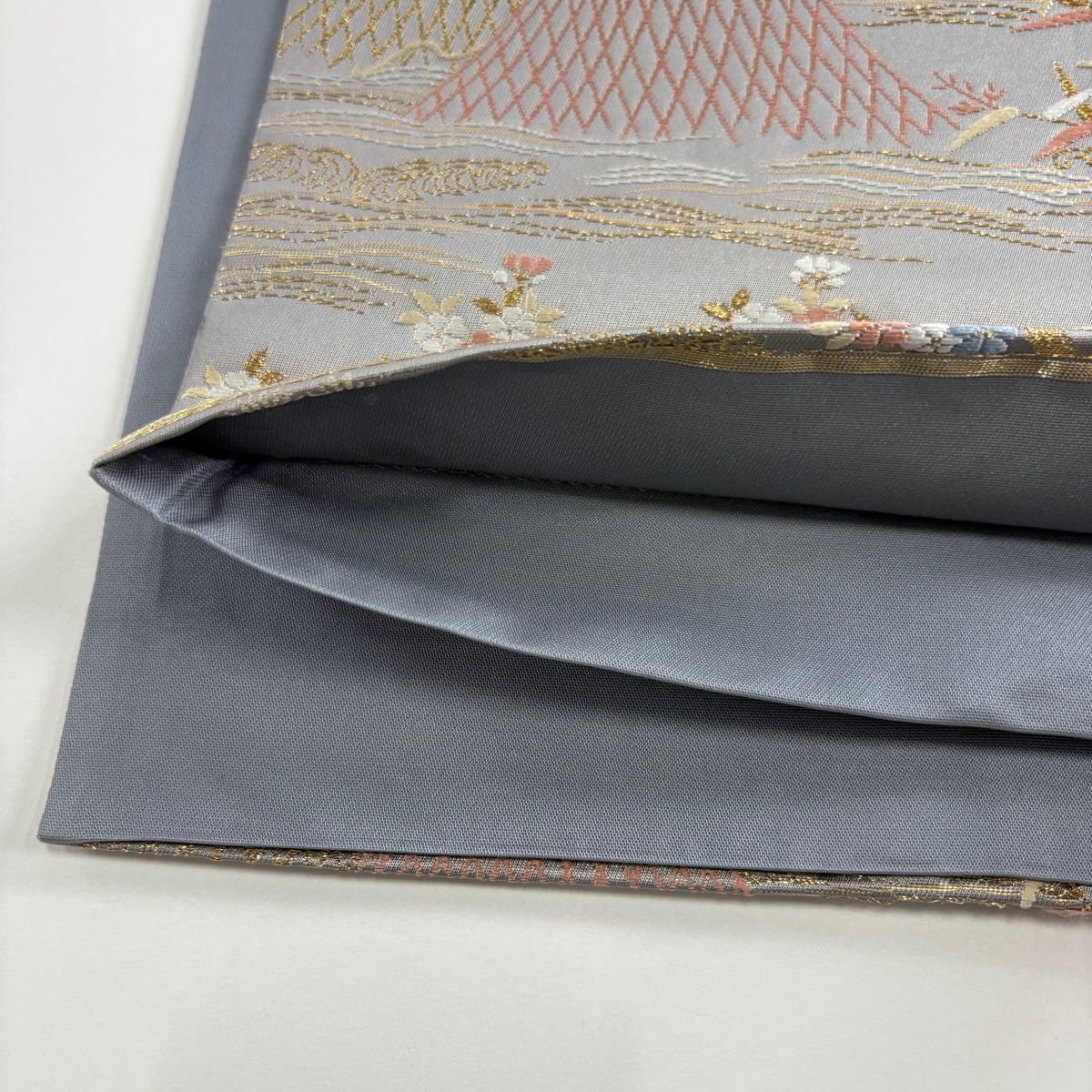 袋帯 秀品 草花 舟 刺繍 金糸 灰色 六通 正絹 【中古】 - メルカリ