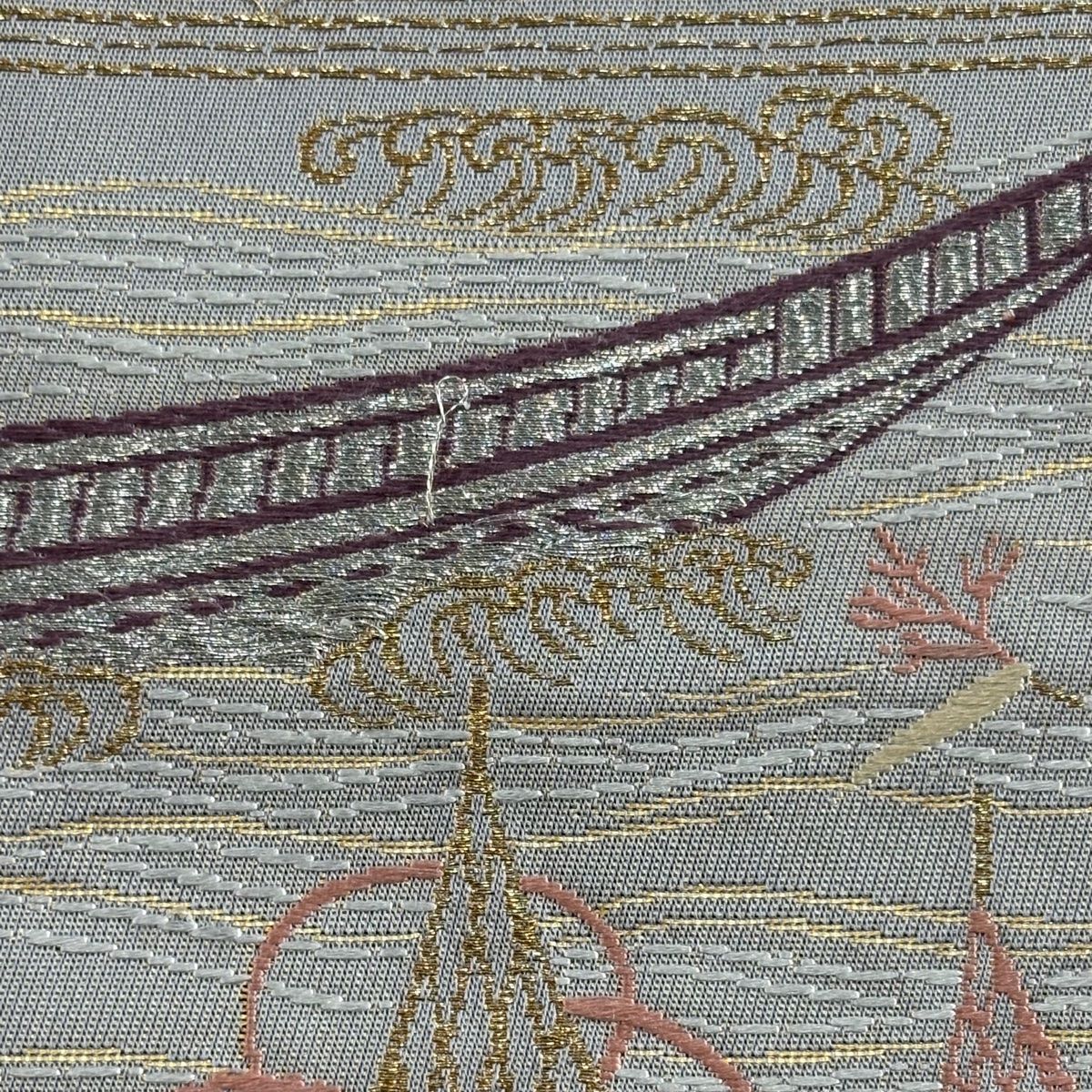 袋帯 秀品 草花 舟 刺繍 金糸 灰色 六通 正絹 【中古】 - メルカリ