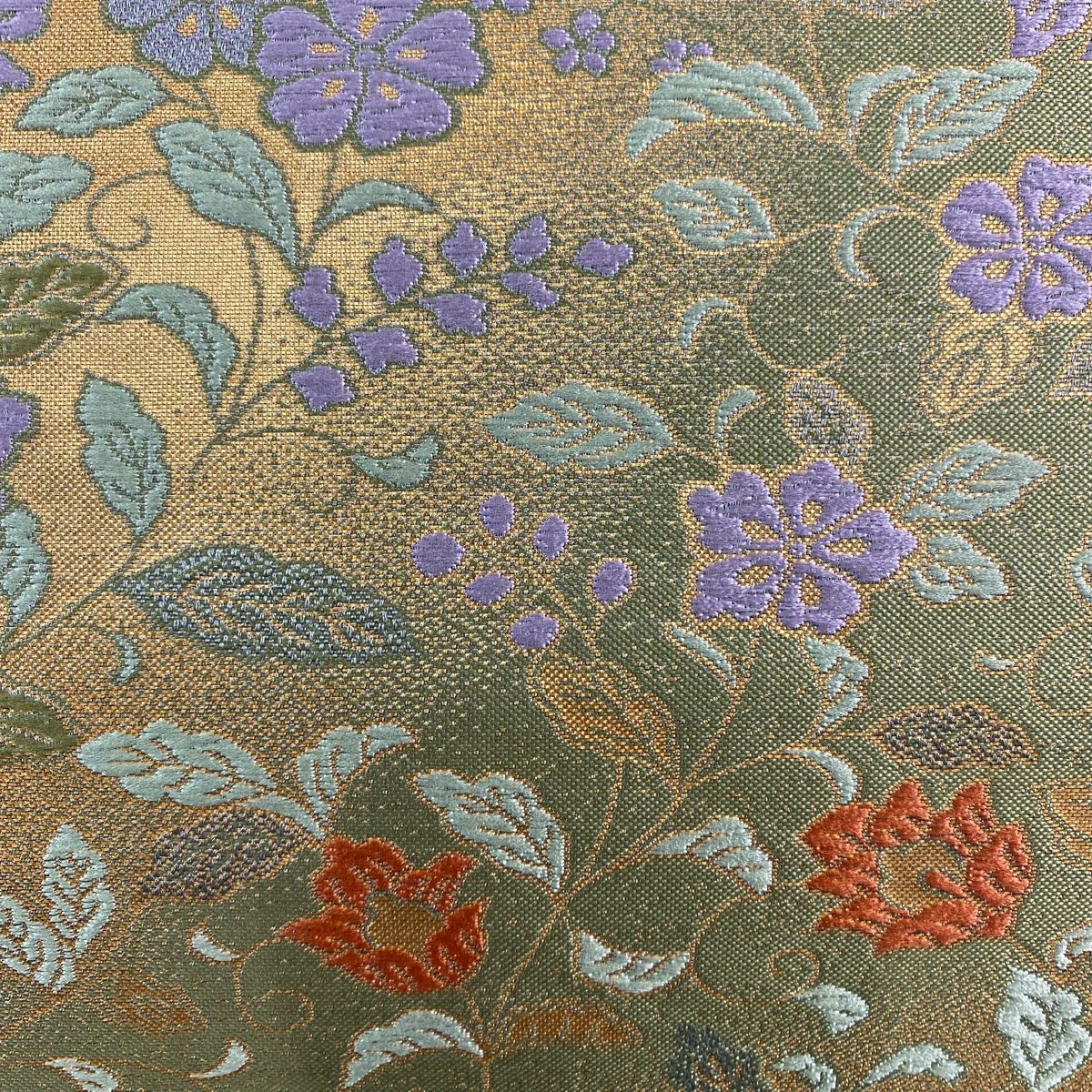 名古屋帯 秀品 草花 花唐草 箔 抹茶色 正絹