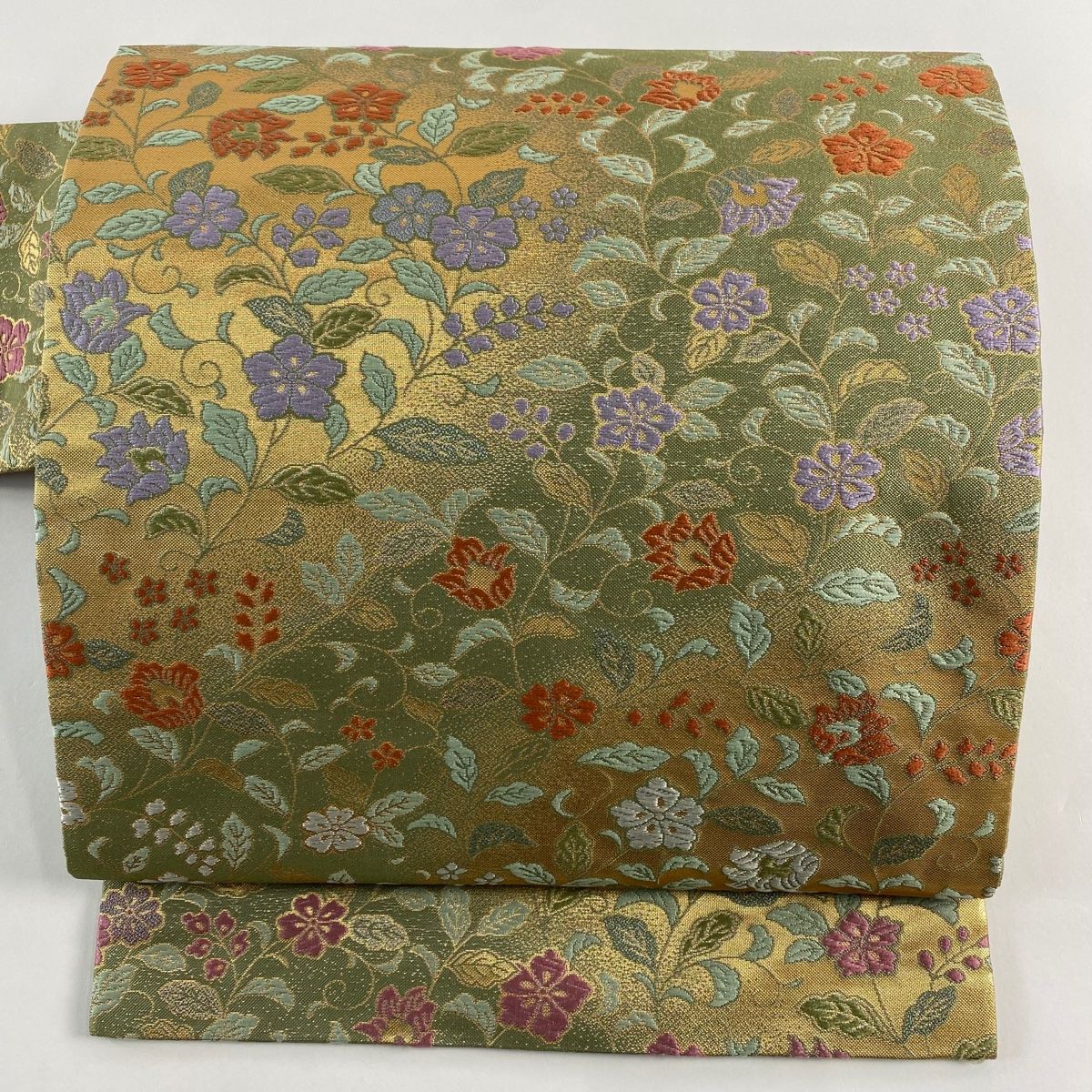 名古屋帯 秀品 草花 花唐草 箔 抹茶色 正絹