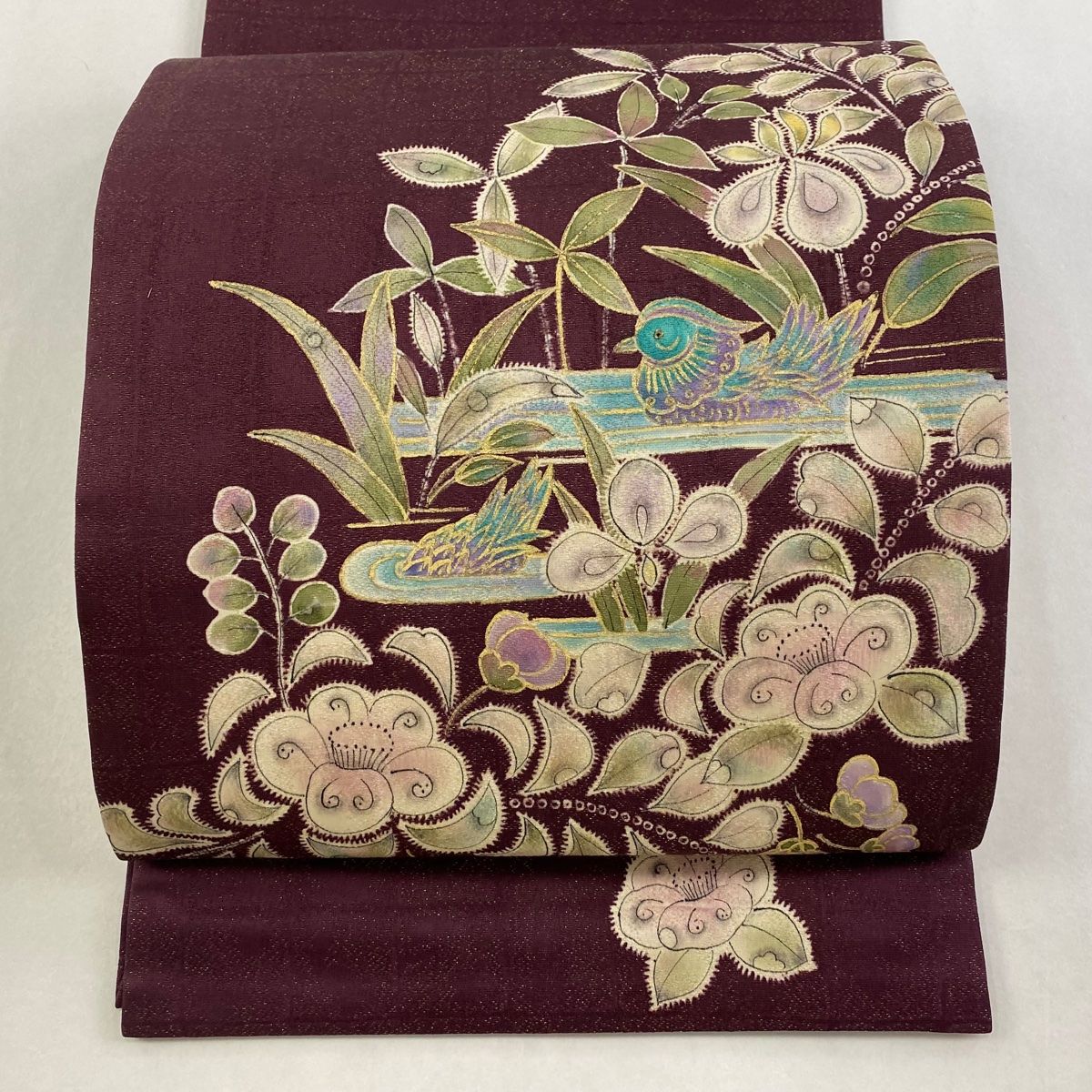 開き名古屋帯 秀品 草花 鴛鴦 金糸 金彩 紫 正絹