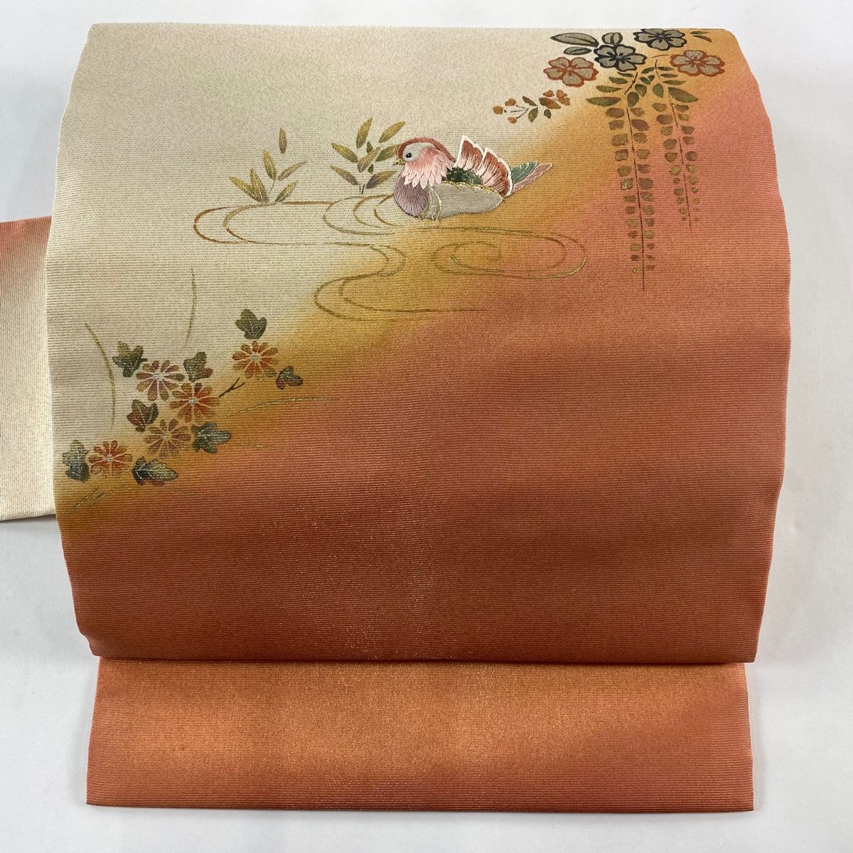 名古屋帯 秀品 鴛鴦 草花 金糸 金彩 ベージュ 正絹