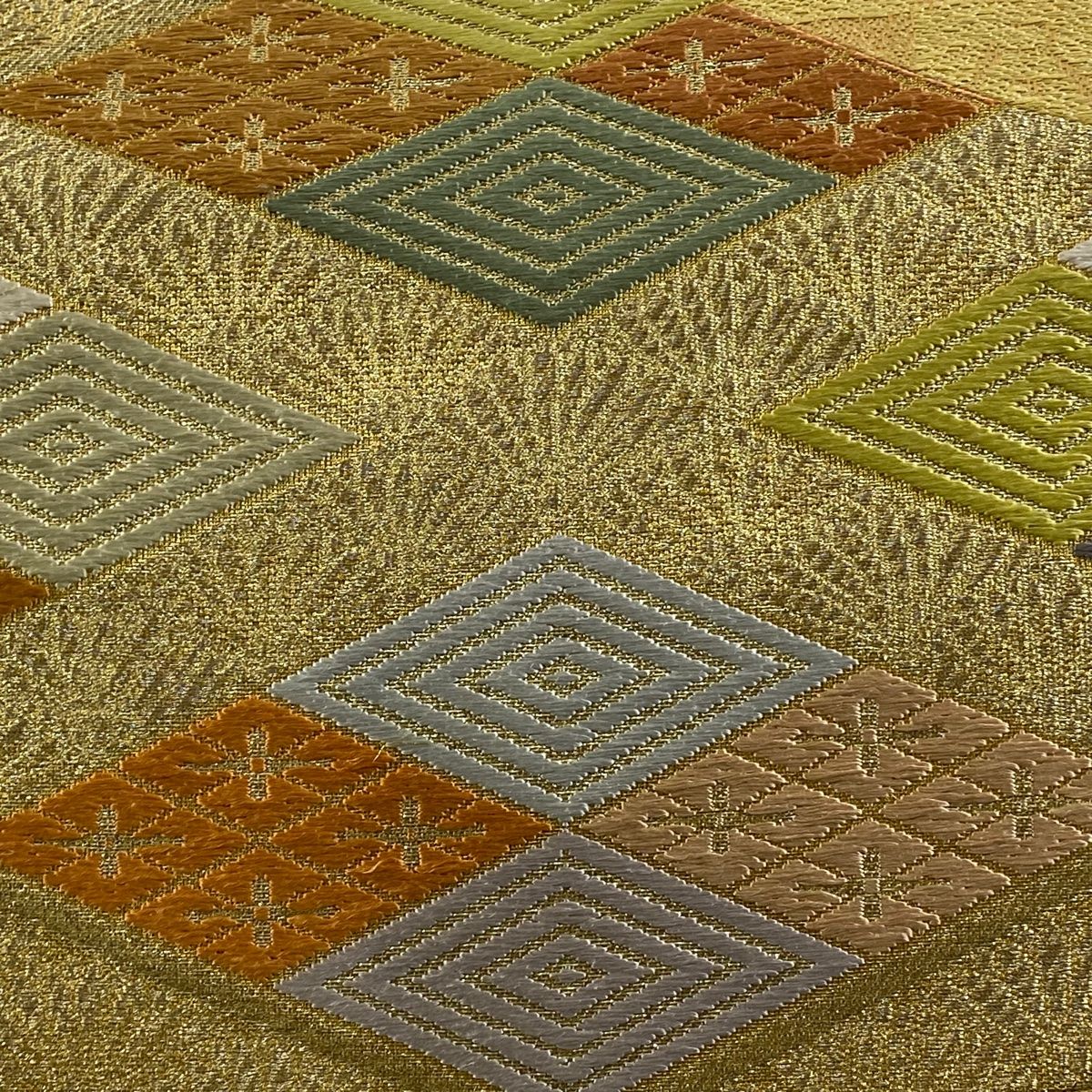 名古屋帯 入子菱 花菱 唐織 金糸 薄黄 正絹