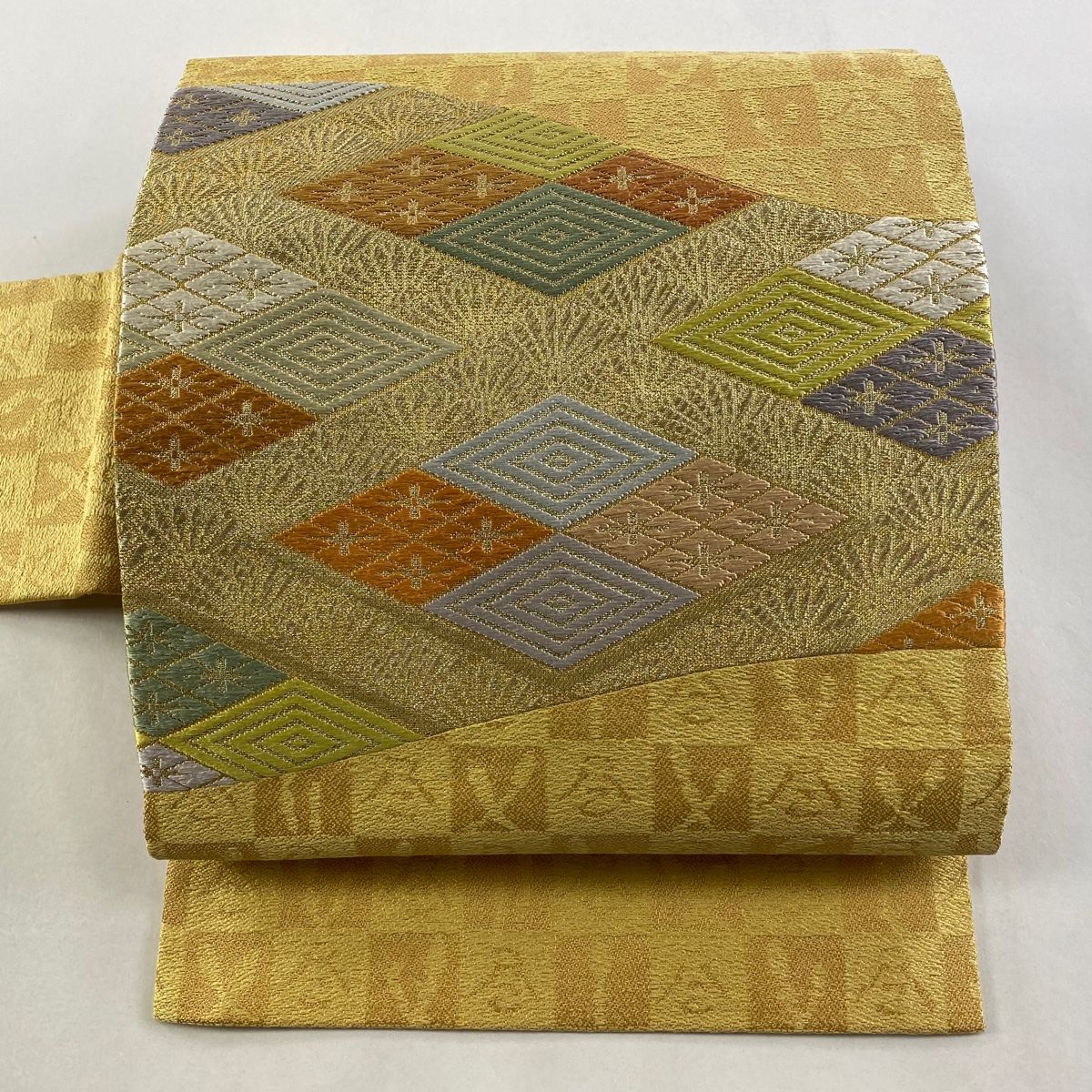 名古屋帯 入子菱 花菱 唐織 金糸 薄黄 正絹