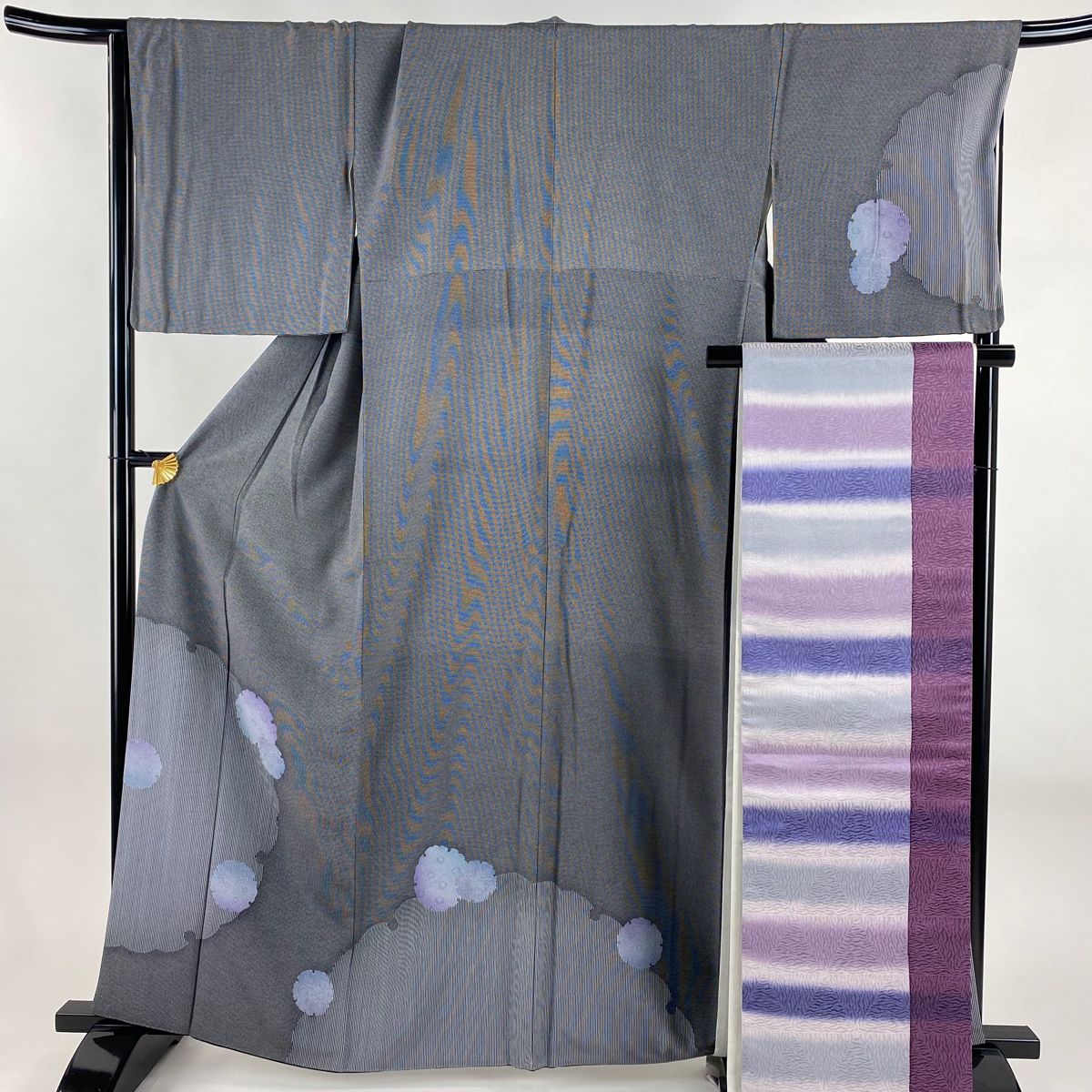 付下げ 身丈162cm 裄丈68.5cm L 袷 袋帯セット 落款 雪輪 松竹梅 黒灰 正絹 名品