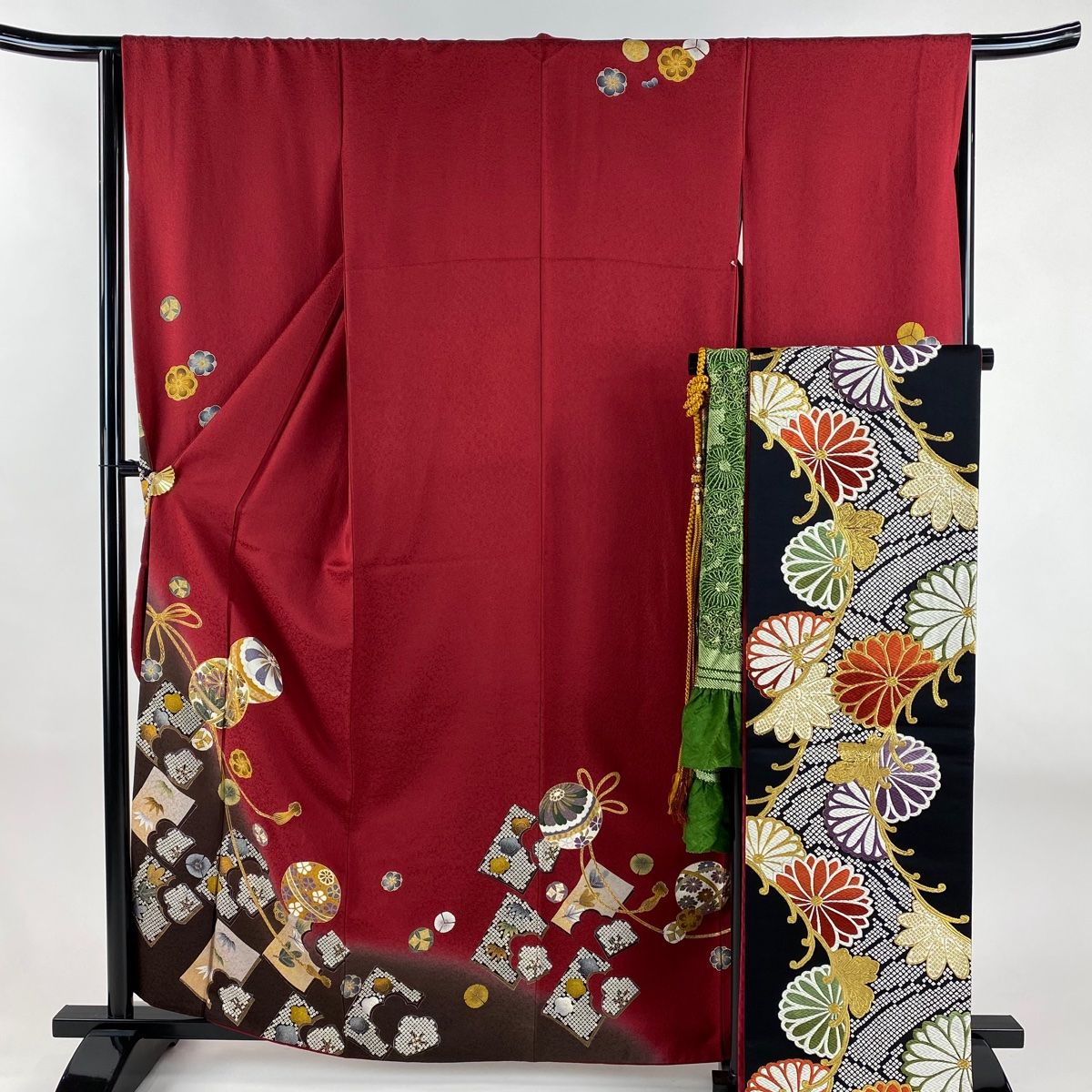 振袖 身丈161cm 裄丈65cm M 袷 袋帯フルセット 手鞠 松竹梅 金糸 金彩