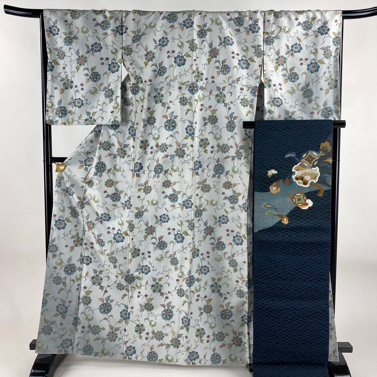 付下げ 身丈163.5cm 裄丈67.5cm L 袷 紬地 袋帯セット 花唐草 金彩 青灰色 正絹 秀品