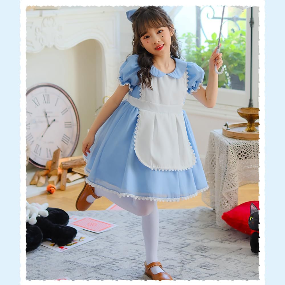 新品 [RPFLQ] アリス 女の子 メイド服 ドレス コスプレ ハロウィン 仮装 エプロン 半袖 子供 キッズ 女児 衣装 可愛い 萌え 人気 イベント 活動 なりきり ワンピース 水色 ライトブルー 3点セット レギンス付き