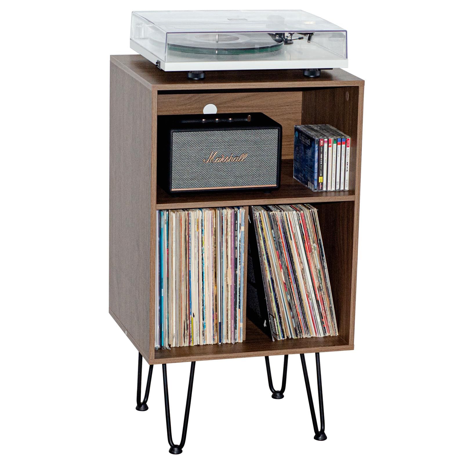 レコードプレーヤースタンド レコードラック レコード棚 3段 木製 ターンテーブルスタンド レコード収納 金属脚付き リビングルーム ベッドルーム オフィス用 60 80枚入り MayRecords ブラウン