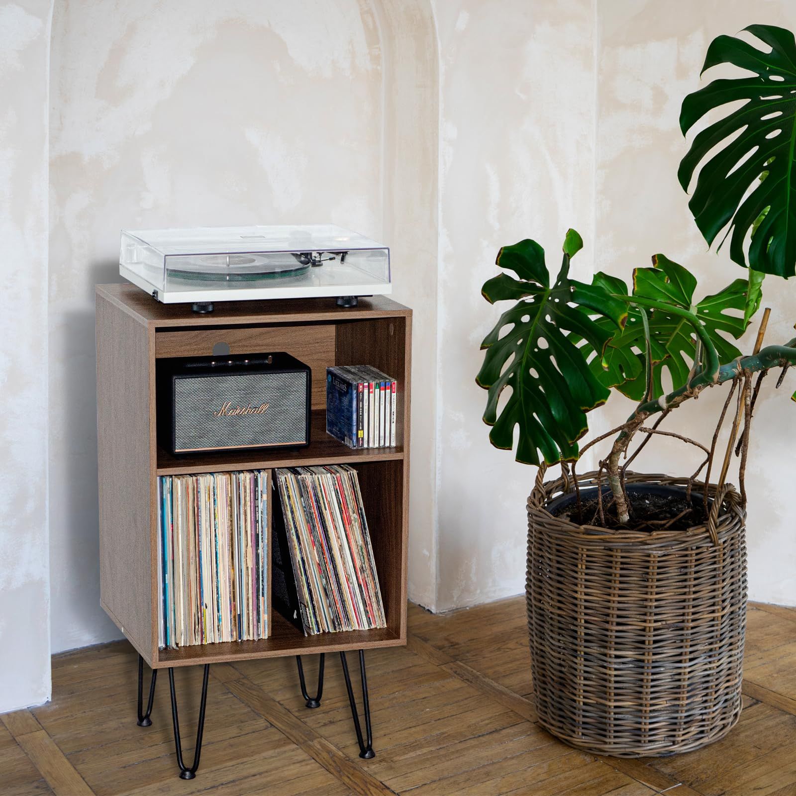 レコードプレーヤースタンド レコードラック レコード棚 3段 木製 ターンテーブルスタンド レコード収納 金属脚付き リビングルーム ベッドルーム オフィス用 60 80枚入り MayRecords ブラウン