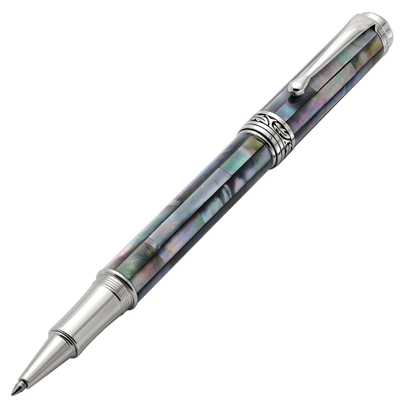 Xezo Maestro Fine Point Rollerball Pen. Handcrafted with Black Mother of Pearl. Platinum Plated. Limited Edition Serialized