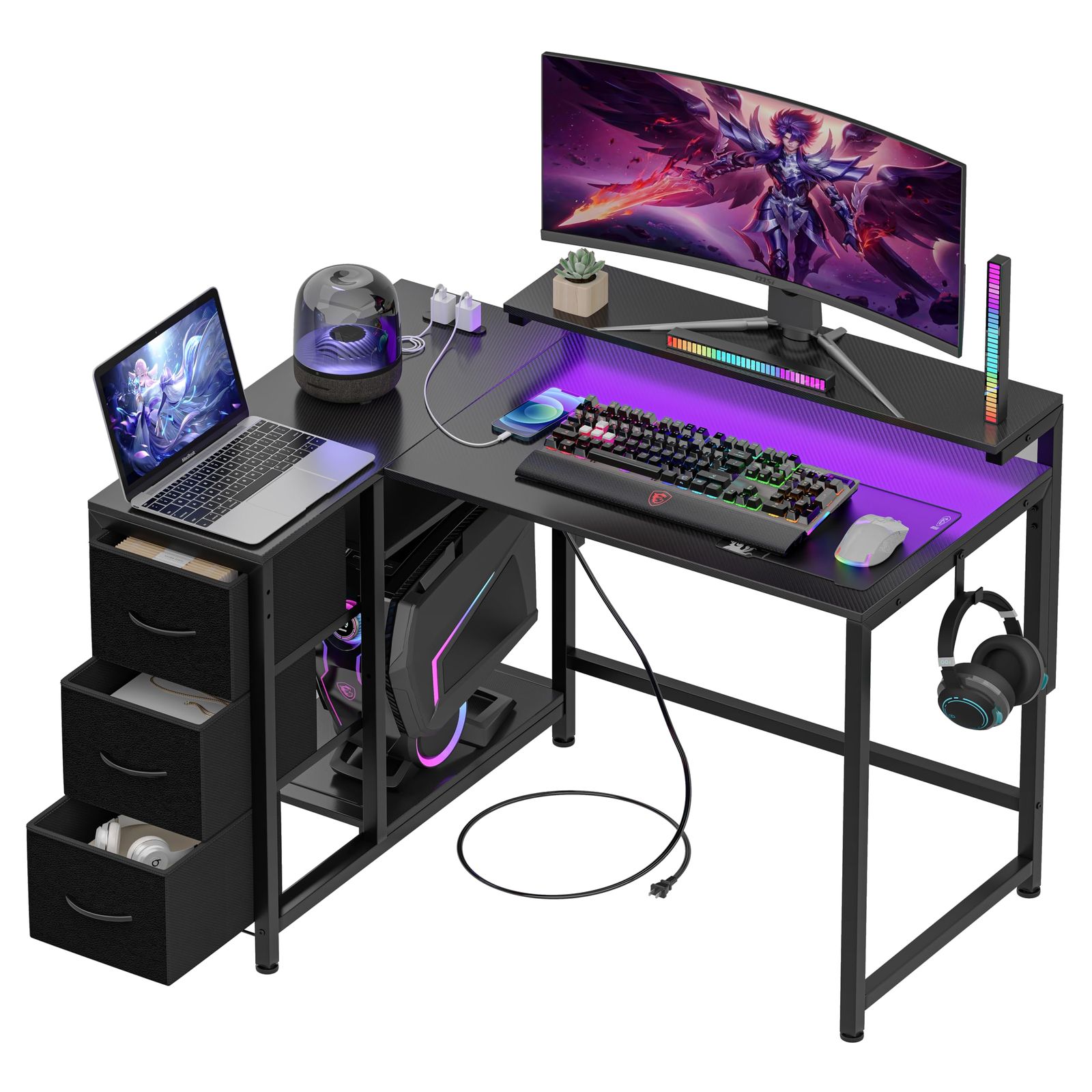 LunarLight PCパソコンデスク 幅108奥行80高さ85-108.5cm テレワーク L型デスク 左右組み換え自由 モニタ台の高さ調節 引き出しとコンセント付き 収納たっぷり ゲーミングデスク オフィスデスク 書斎 収納ラック付き カーボン