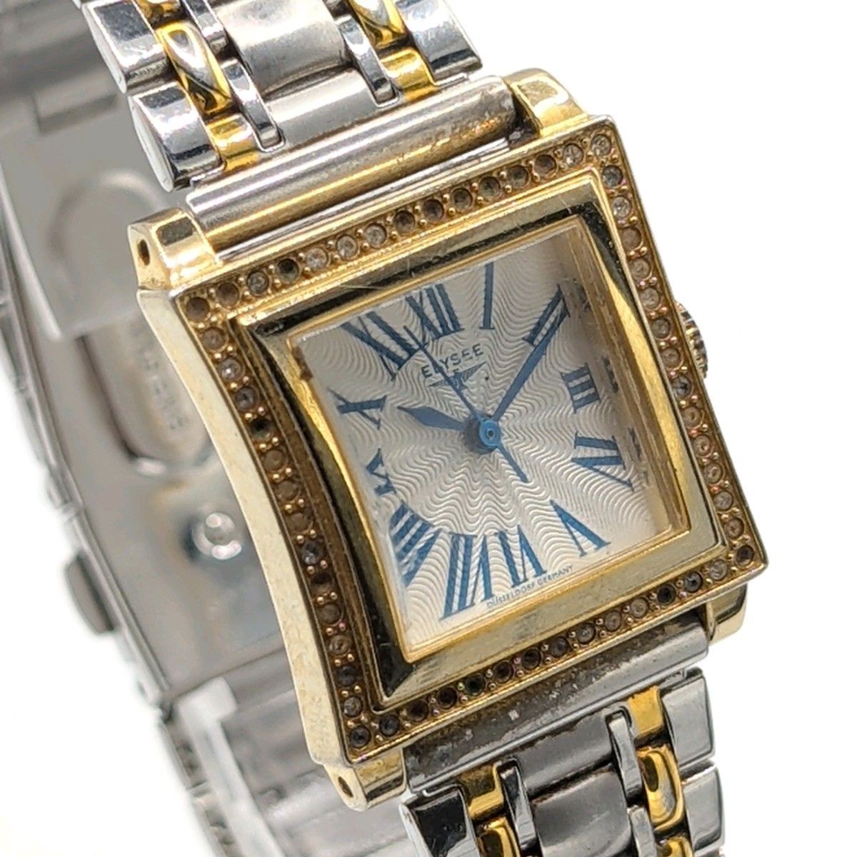 ELYSEE Watch quartz Ladies White G Silver Stone Square Working Y2K エリゼ 時計 クオーツ 白文字盤 ゴールド シルバー レディース ストーン スクエア 稼働品