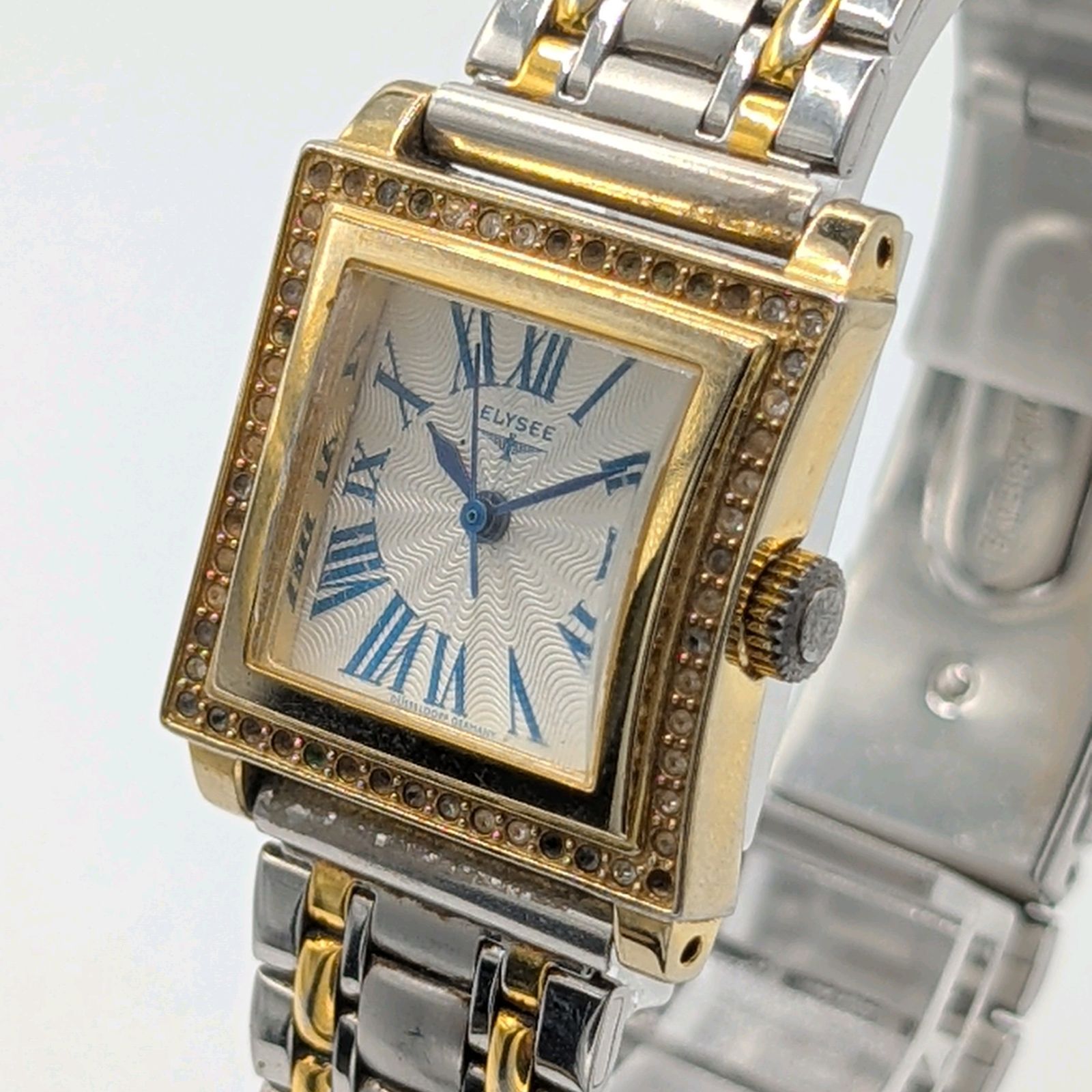 ELYSEE Watch quartz Ladies White G Silver Stone Square Working Y2K エリゼ 時計 クオーツ 白文字盤 ゴールド シルバー レディース ストーン スクエア 稼働品