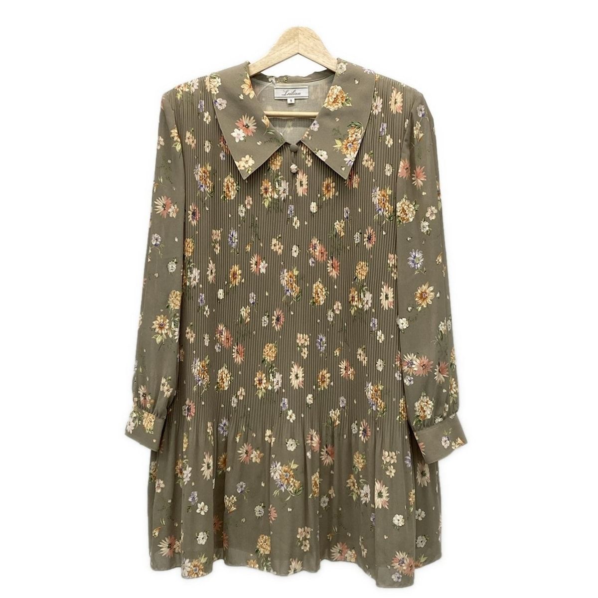 Leilian レリアン チュニック サイズ9 M レディース - カーキ×マルチ 花柄|長袖|プリーツ