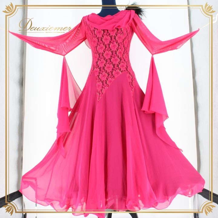 社交ダンス 衣装 ドレス ワンピース パーティ衣装 レディース オールシーズン 黒 花柄 prima boutique プリマブティック ピンク系 ブラック系 レース フロート マゼンダピンク フロート付き 伸縮性 有り 軽やか 洗練