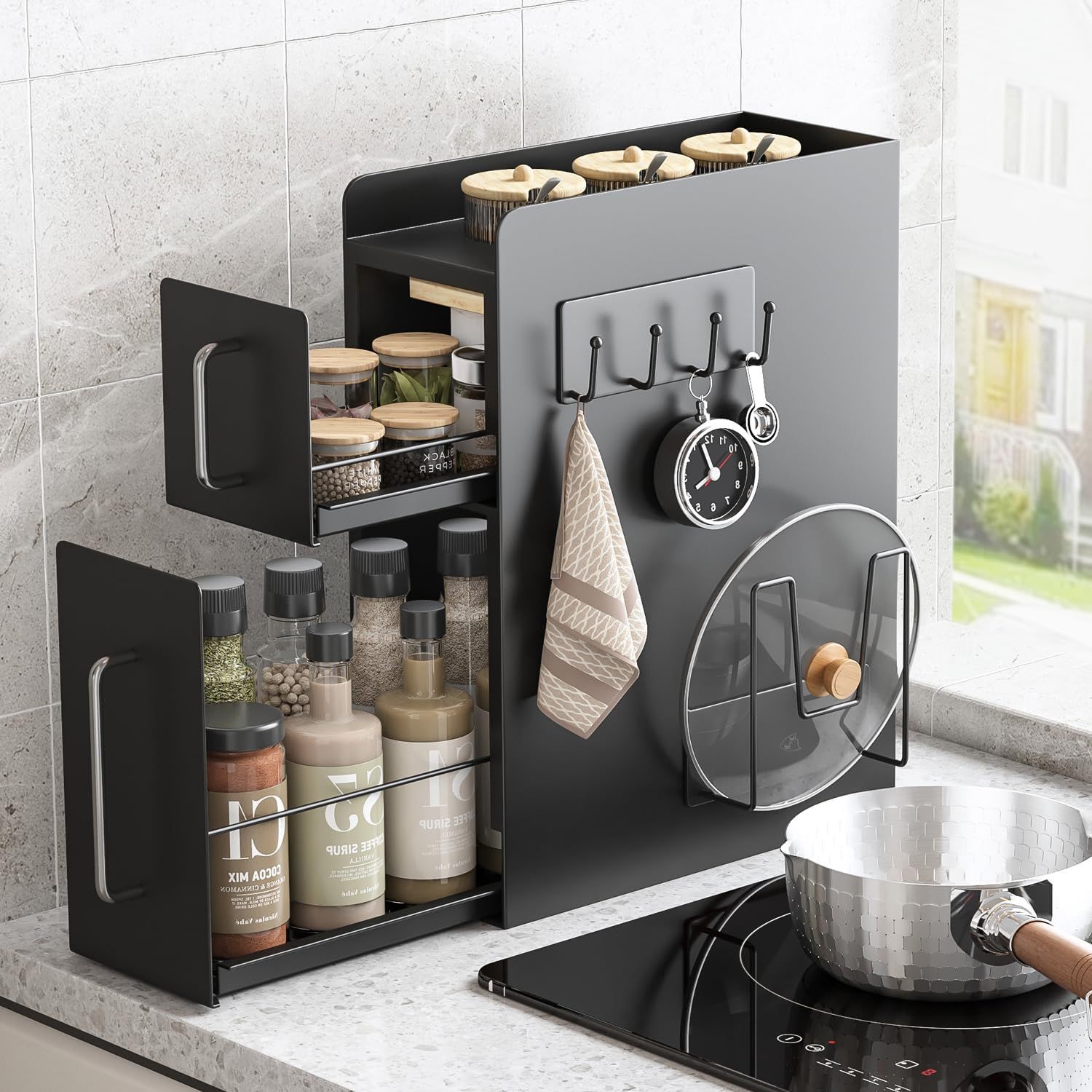 隠せる調味料ラック 2段 調味料ラック台所用 大容量 引き出し式 コンロ横 キッチンラック 調味料 スパイス ボトル 省スペース大型 キッチン収納 ブラック 幅14.5X 奥行35X 高さ48.5cm