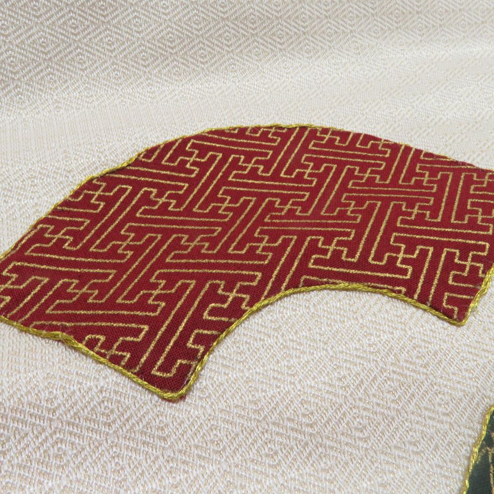 国画会準会員 鈴木紀絵 型絵染 「雲と鳥文様」 絞り 紬地 九寸名古屋帯 全通 国画会準会員 鈴木紀絵 型絵染 「雲と鳥文様」 絞り 紬地 九寸名古屋帯