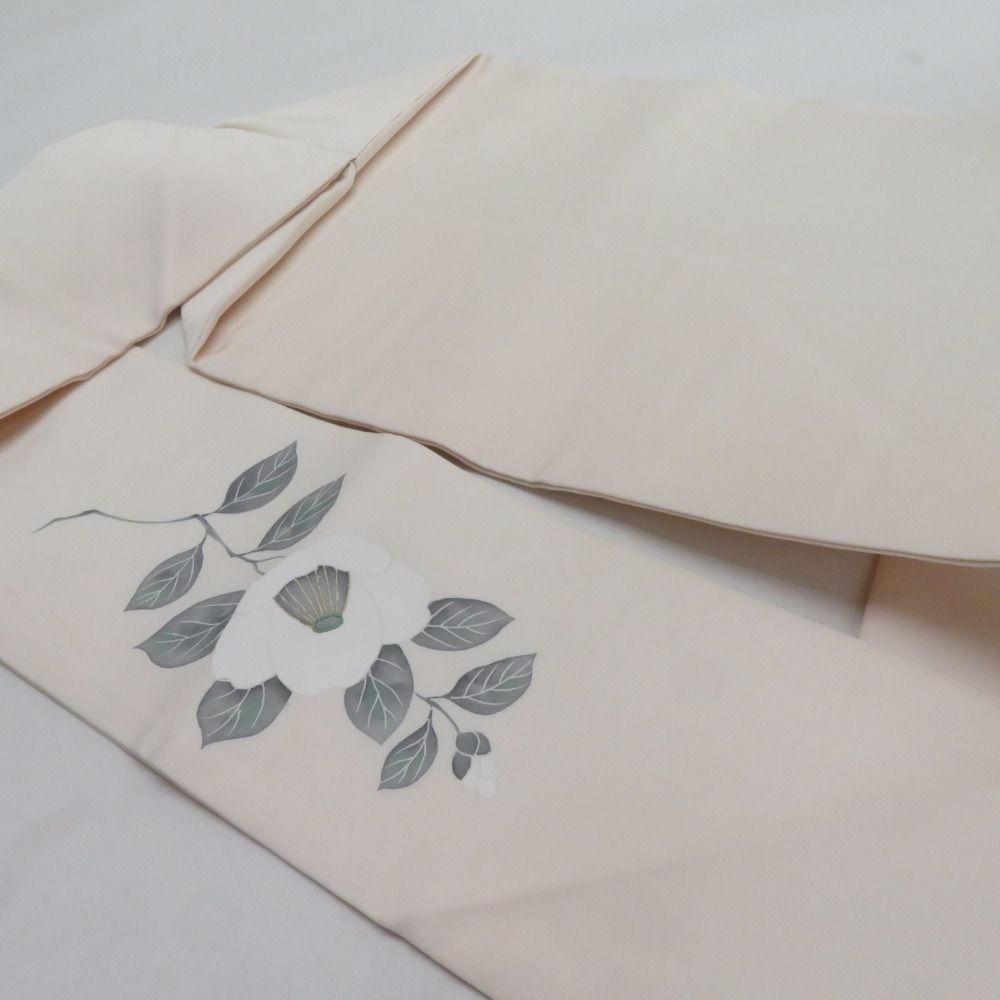 名古屋帯 正絹 塩瀬 椿文様 箔 お太鼓柄 九寸帯 白色 カジュアル