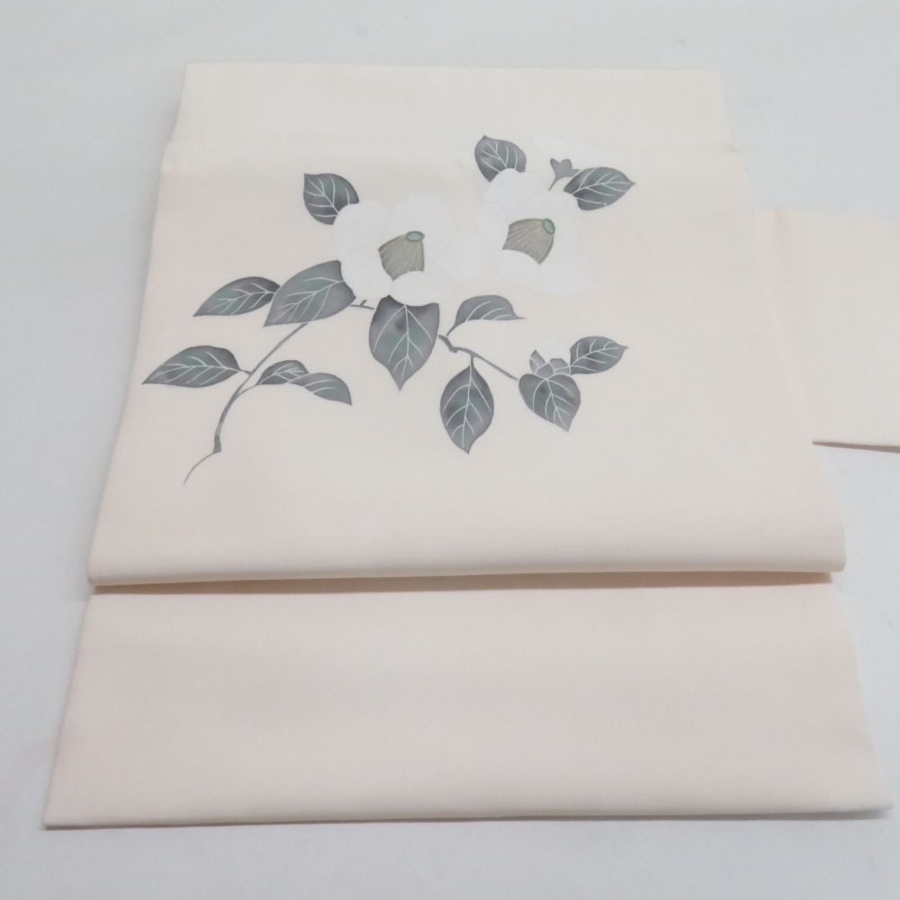 名古屋帯 正絹 塩瀬 椿文様 箔 お太鼓柄 九寸帯 白色 カジュアル