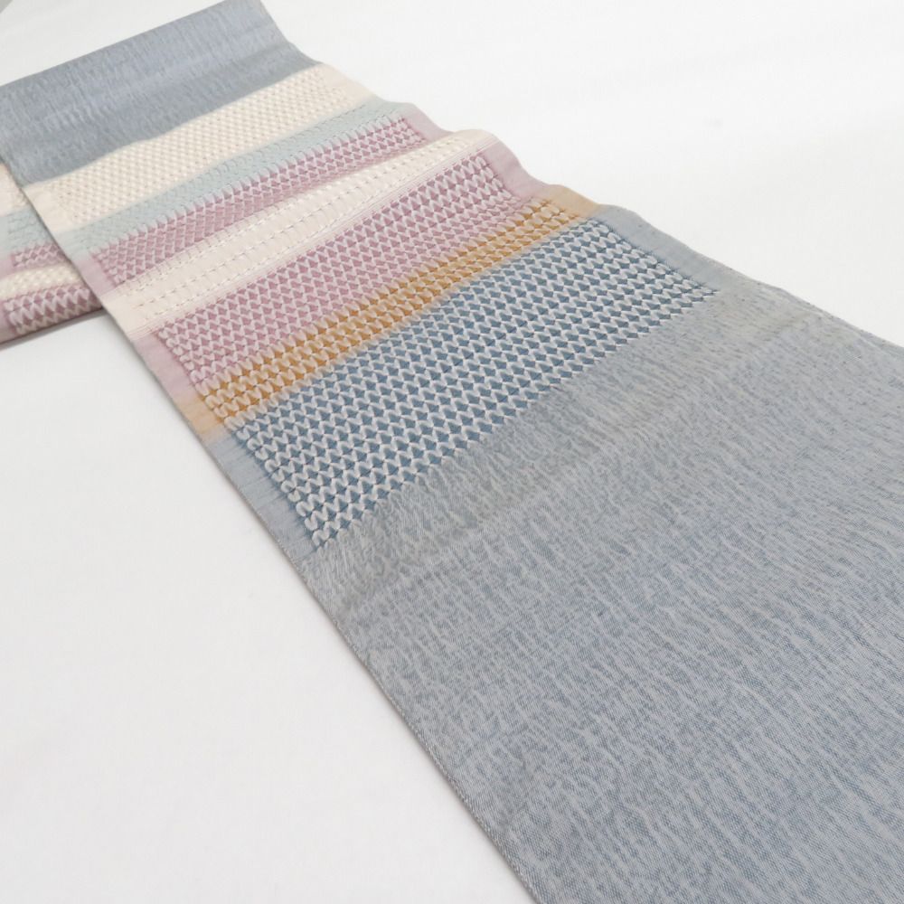 袋帯 すくい織り 組織 ぼかし 灰青色 お太鼓柄 正絹 カジュアル 着物用 長さ452cm