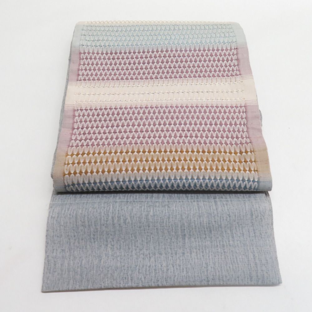 袋帯 すくい織り 組織 ぼかし 灰青色 お太鼓柄 正絹 カジュアル 着物用 長さ452cm