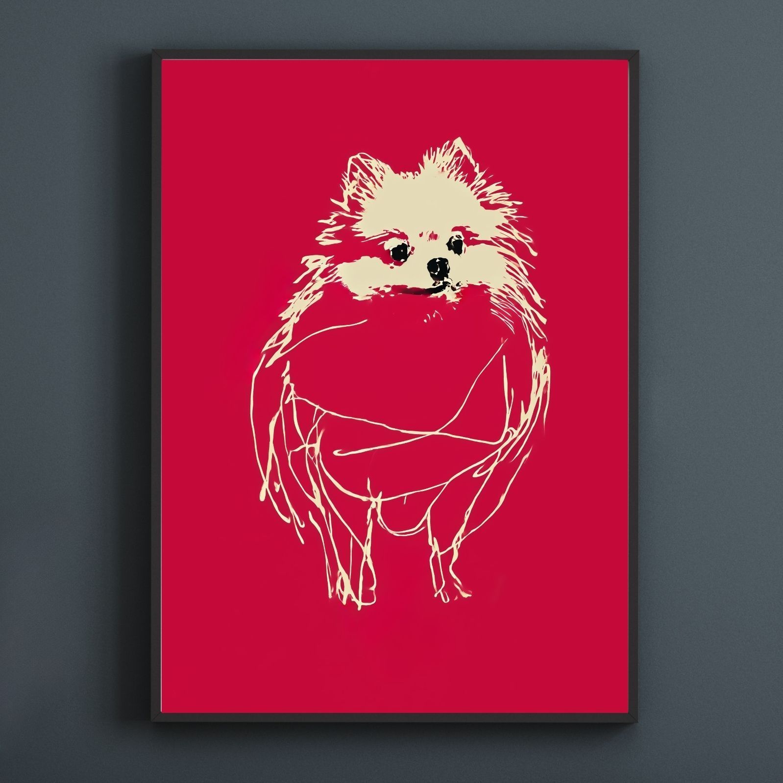 名入れOK Red Line - ポメラニアン犬 No.2 アートポスター ペットロス 北欧モダン ミニマルインテリア カフェスタイル