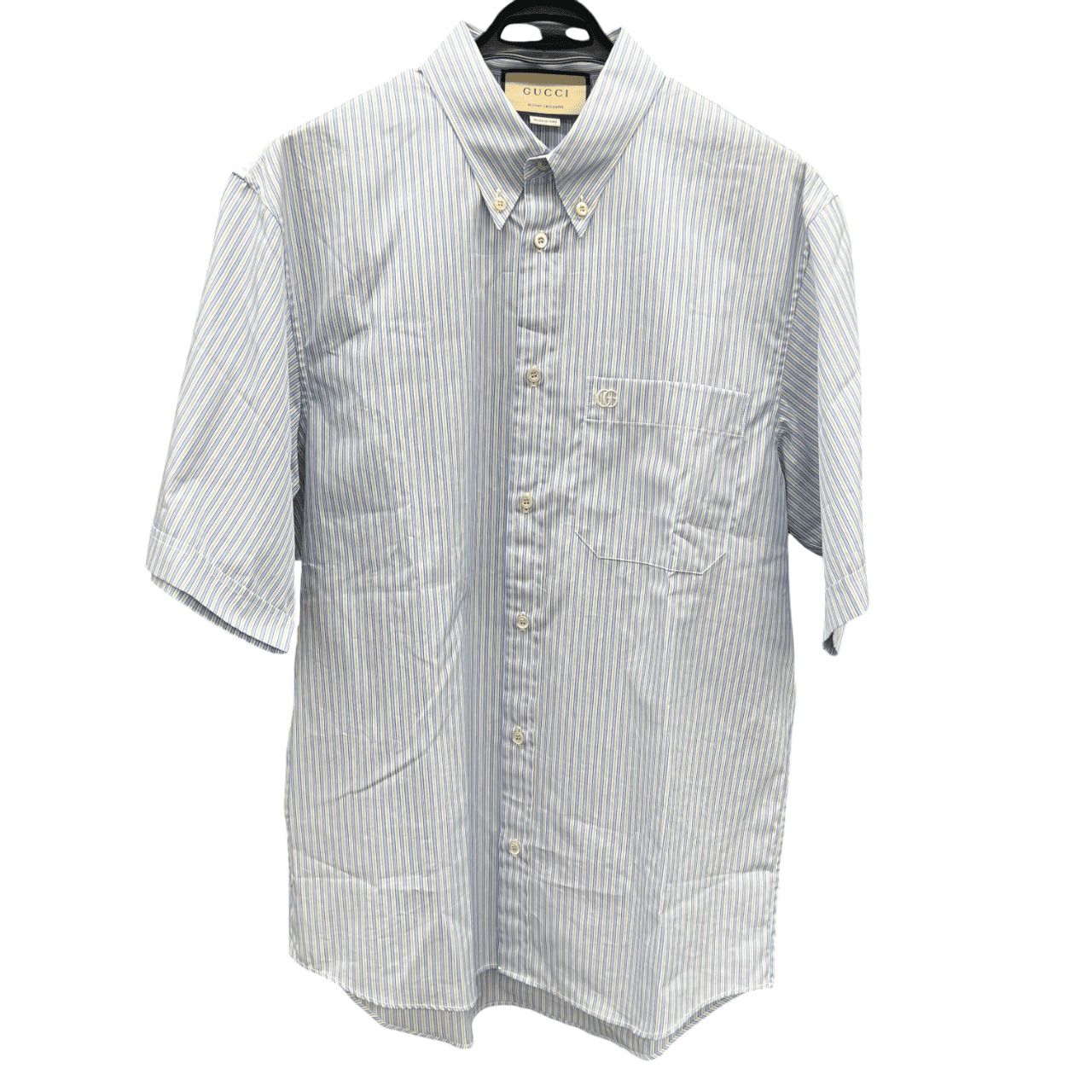 GUCCI グッチ RESORT EXCLUSIVE ストライプ コットンシルク シャツ 739674 ストライプ 半袖シャツ コットン シルク GG 刺繍 異素材切替 サイズ44 ブルー オレンジ Aランク 鑑定済