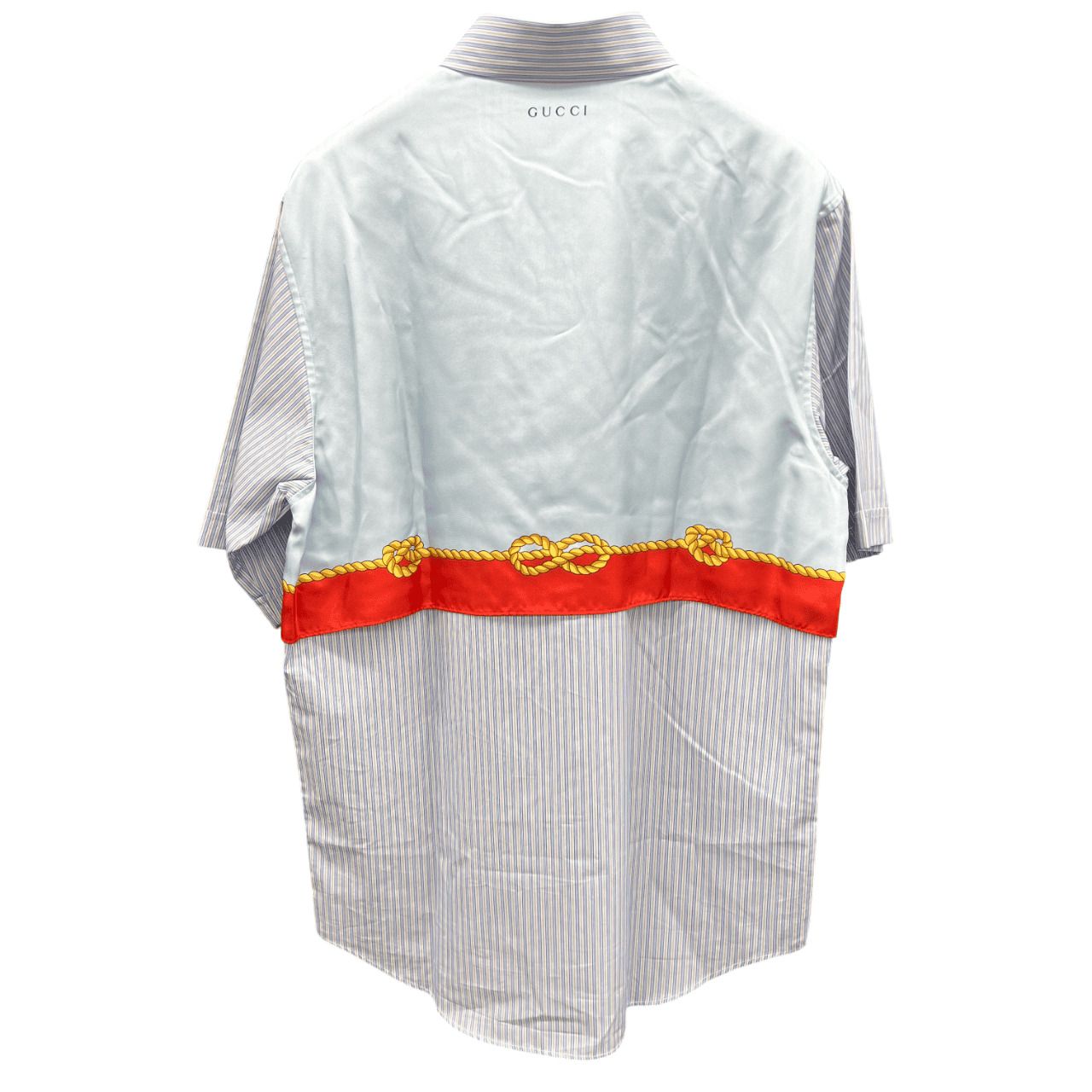 GUCCI グッチ RESORT EXCLUSIVE ストライプ コットンシルク シャツ 739674 ストライプ 半袖シャツ コットン シルク GG 刺繍 異素材切替 サイズ44 ブルー オレンジ Aランク 鑑定済