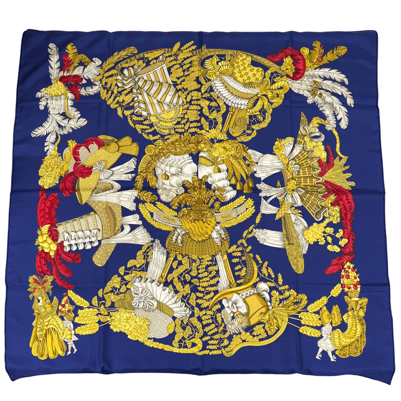 HERMES エルメス カレ90 chapeau! 帽子 脱帽 シルク ネイビー ゴールド マルチ ブランド小物 ヴィンテージ レディース ユニセックス ABランク 鑑定済