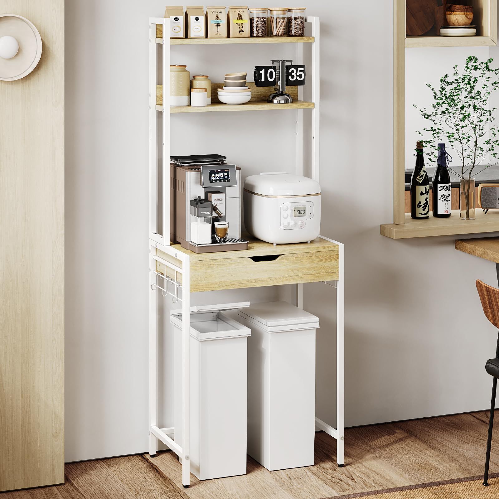 キッチン収納 省スペース おしゃれ 1人暮らし S字フック6個付き 炊飯器ラック レンジ台 大型電子レンジ対応 耐荷重54kg 頑丈設計 スリム オーク 引き出し付き レンジラック ゴミ箱上収納 キッチンラック 幅64×奥行40×高さ170cm ゴミ